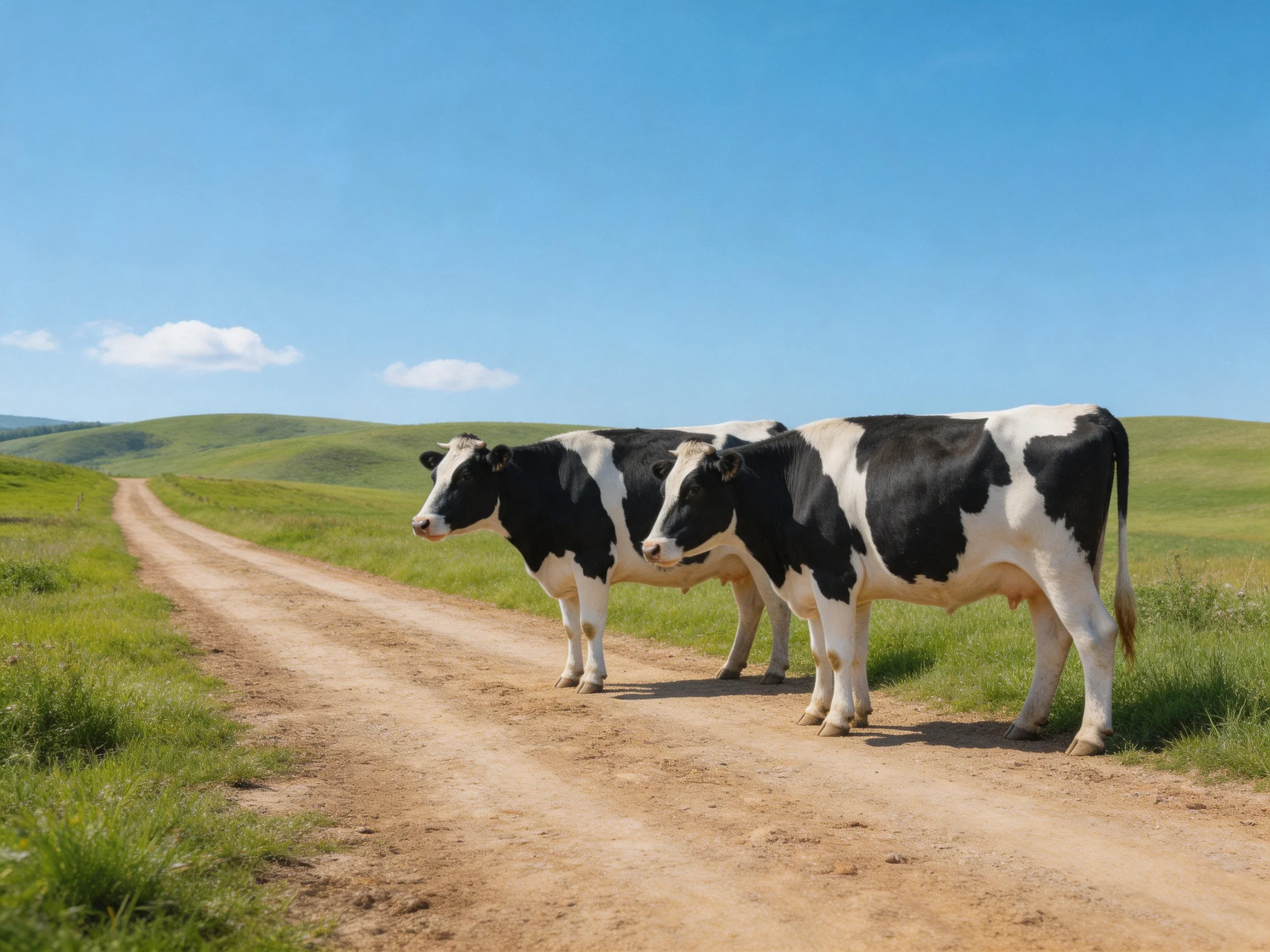 Two black - white cows stand on a dusty country path amid rolling green hills