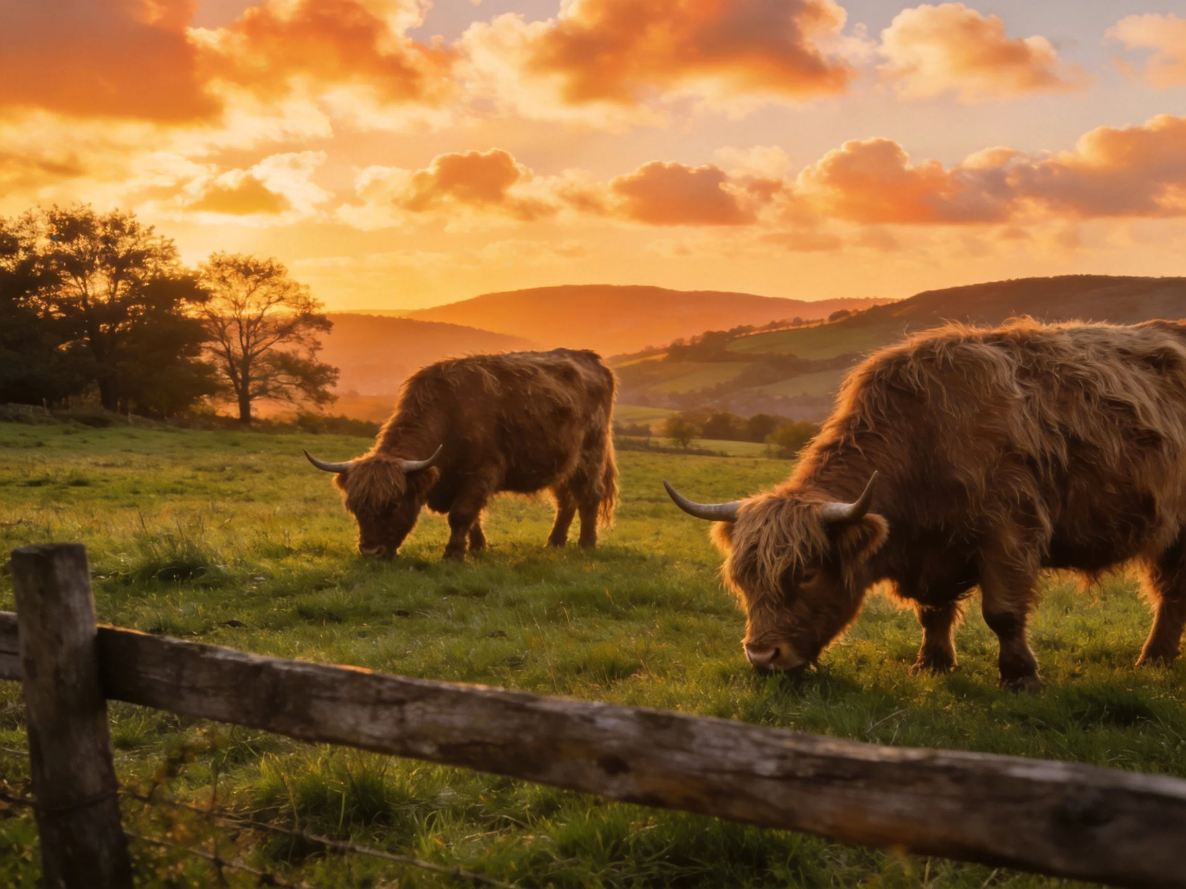 Two brown Highland cattle graze in a golden-lit pasture near a wooden fence