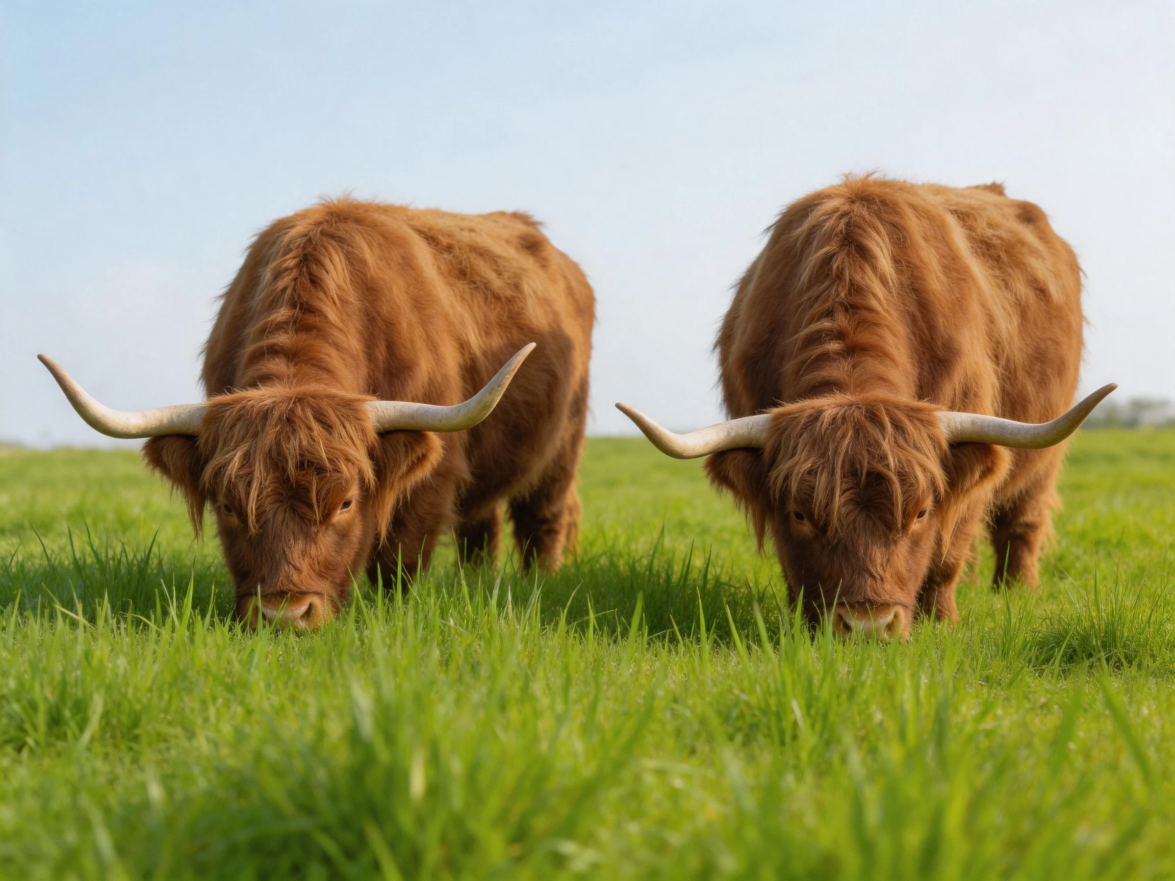 Two brown Highland cattle graze in a lush green meadow