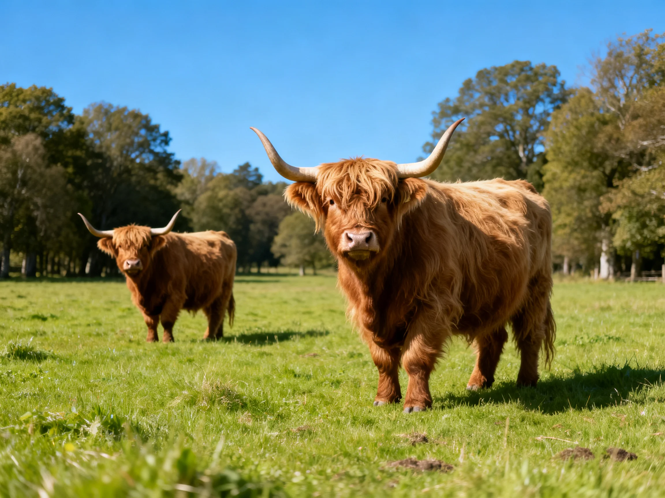 Two brown Highland cattle graze in a lush green meadow under blue sky
