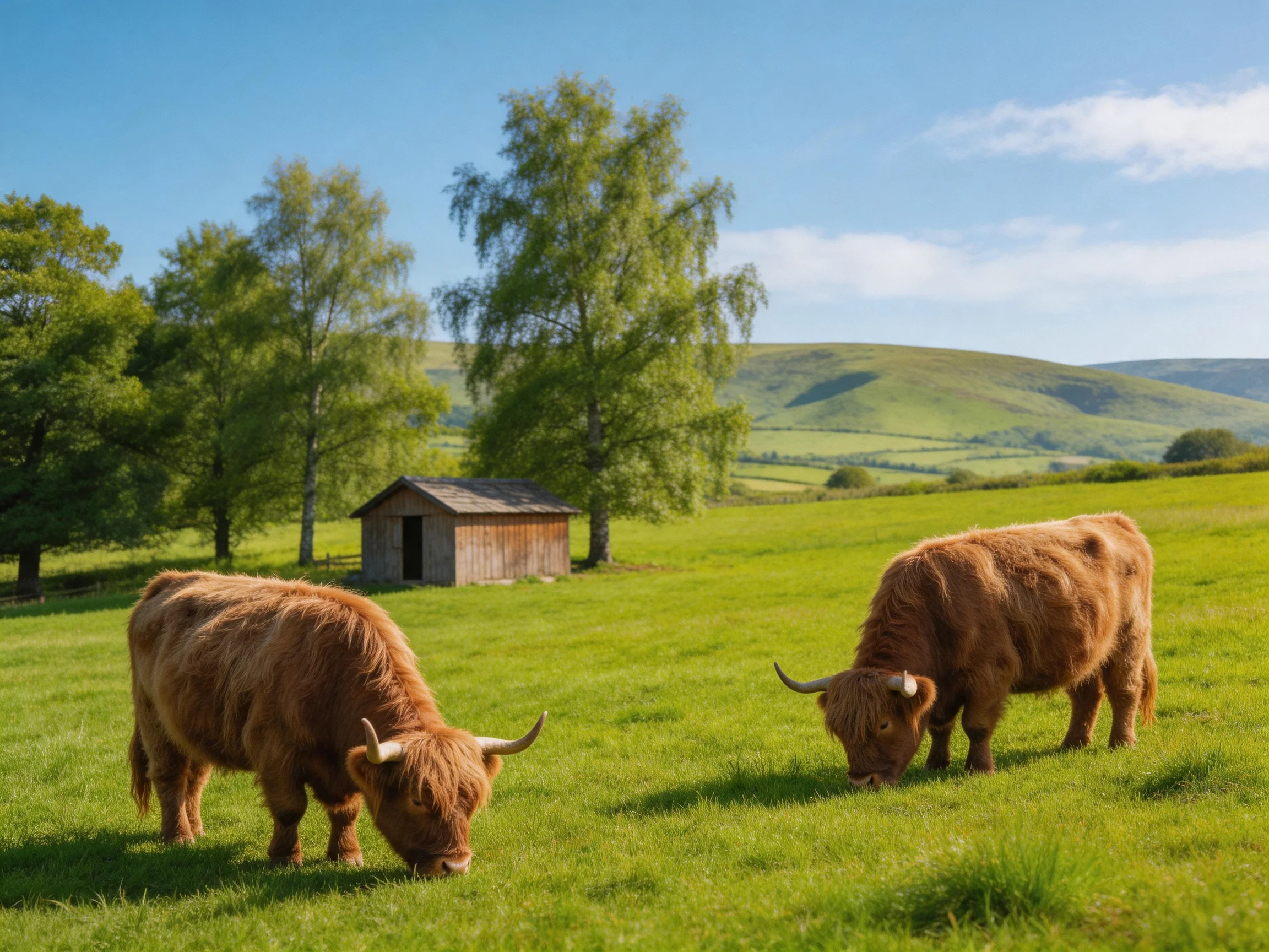 Two brown Highland cattle graze in a lush green pasture near a wooden shed