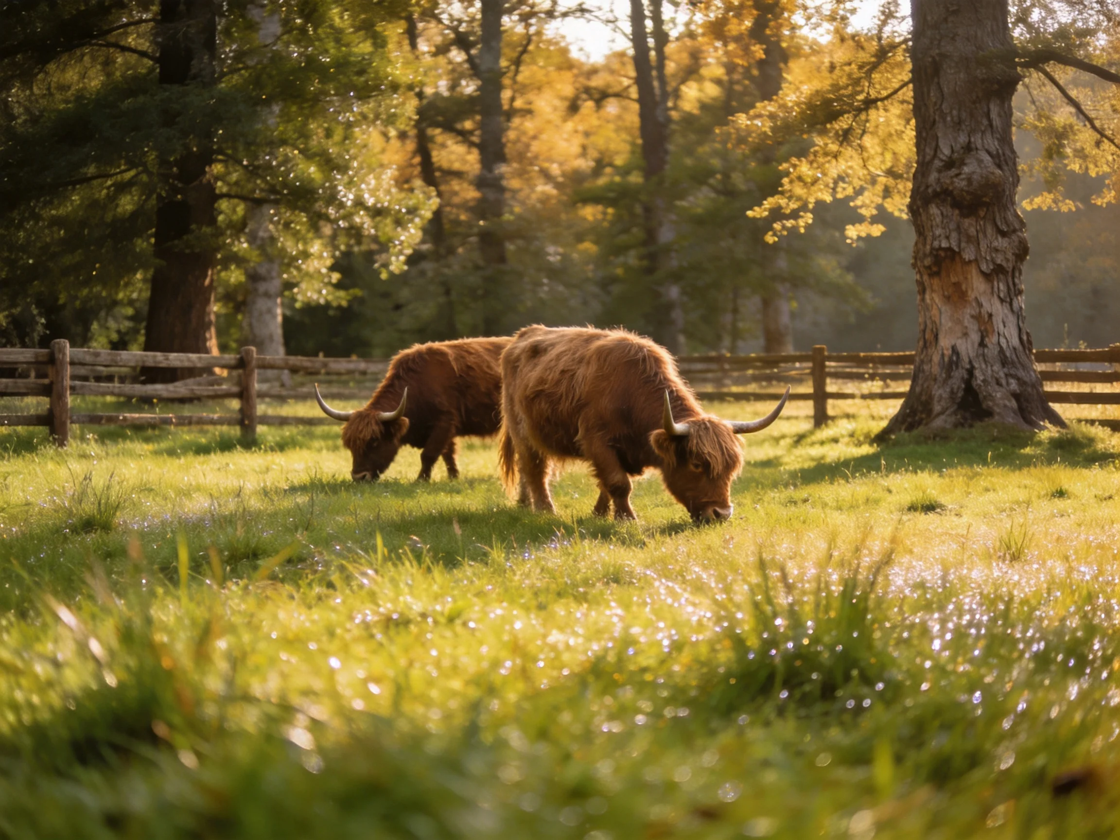 Two brown Highland cattle graze in a sunlit grassy field with a wooden fence
