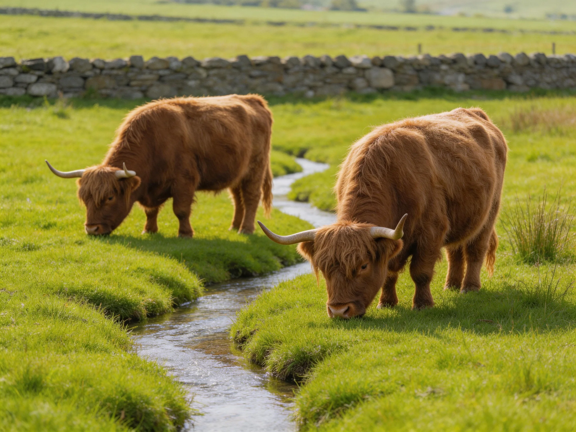 Two brown Highland cattle graze near a winding stream in a lush green pasture