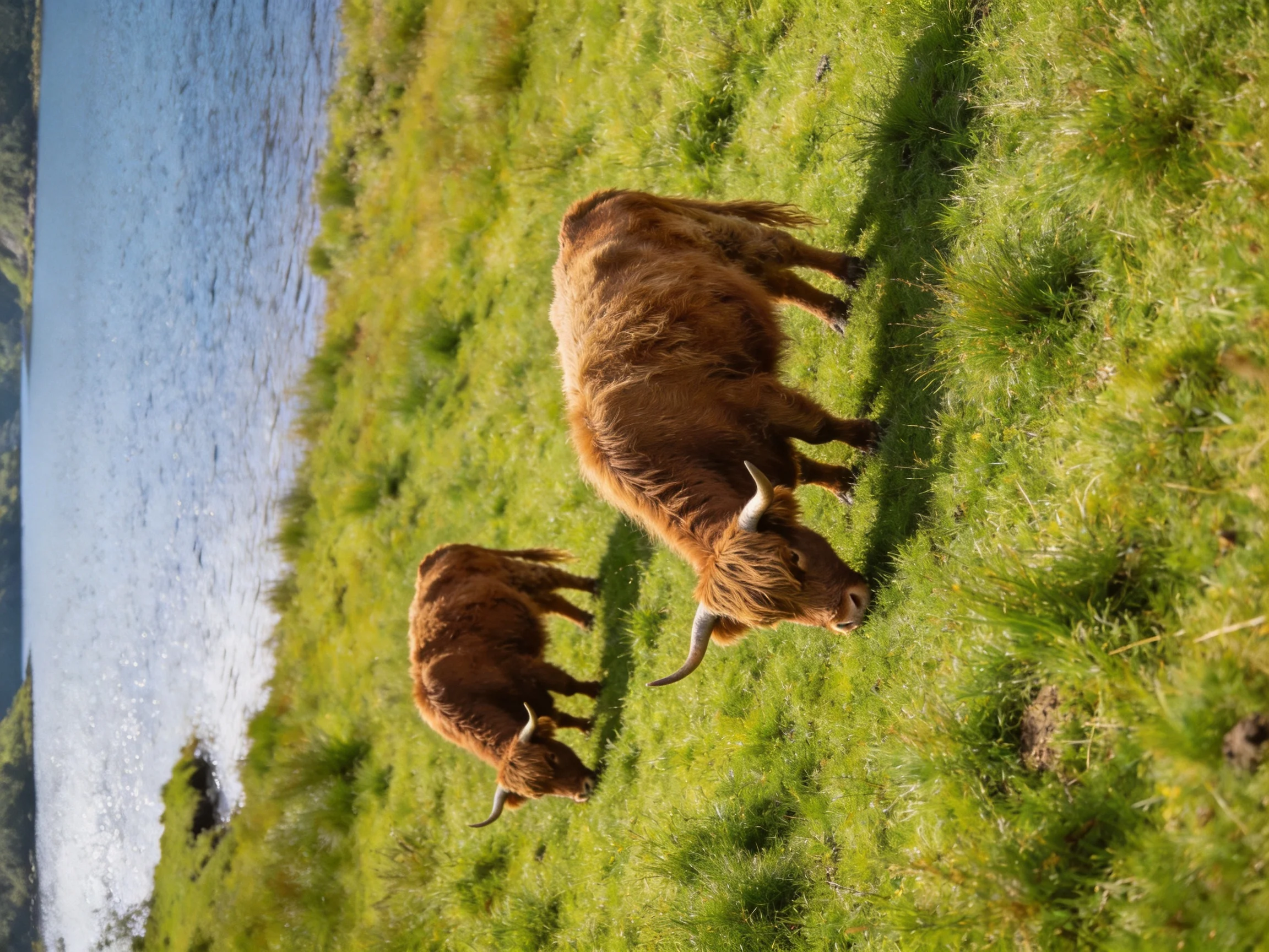 Two brown Highland cattle graze on lush green grass beside a calm blue lake