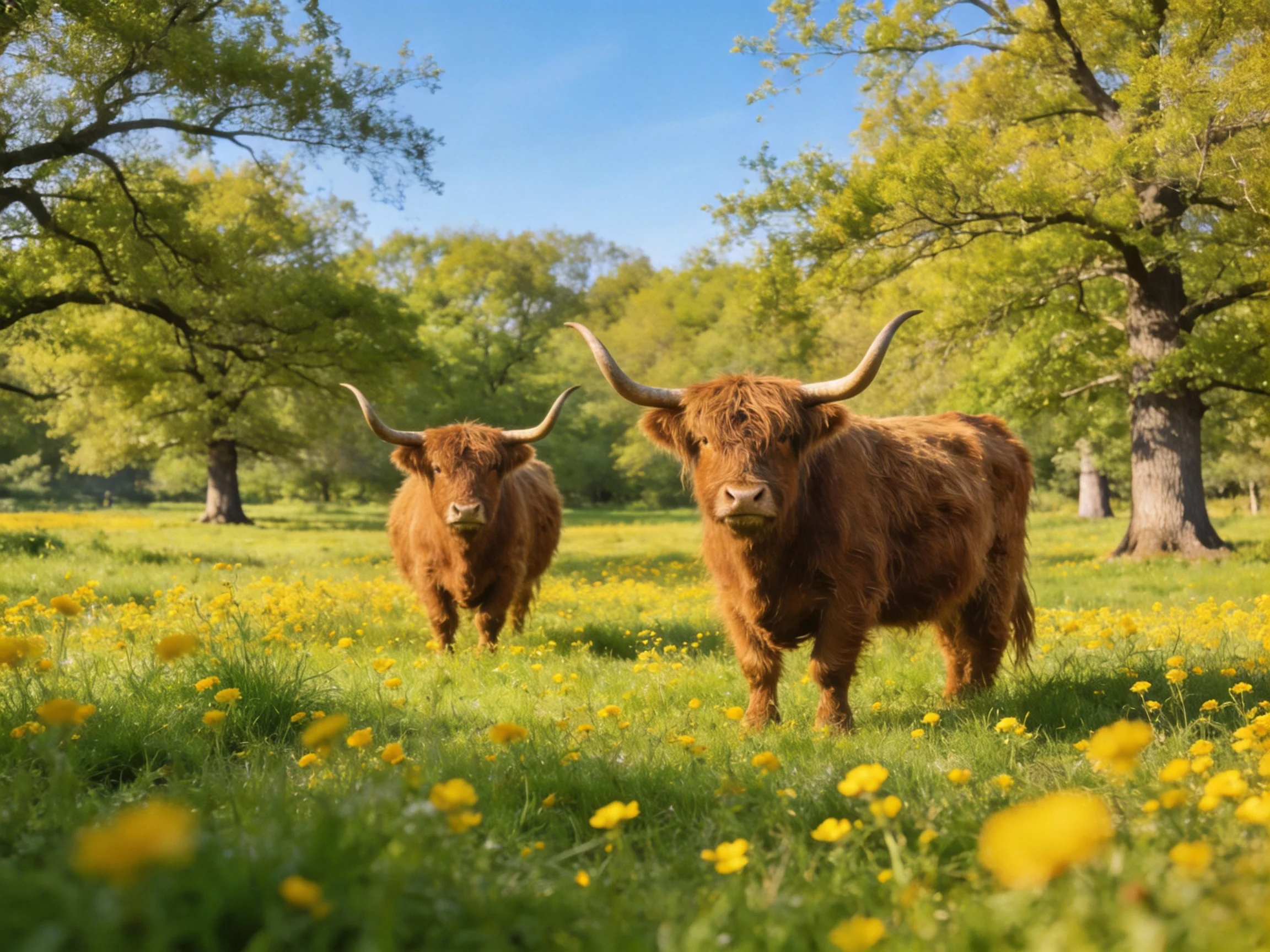 Two brown Highland cattle in a green meadow with yellow flowers