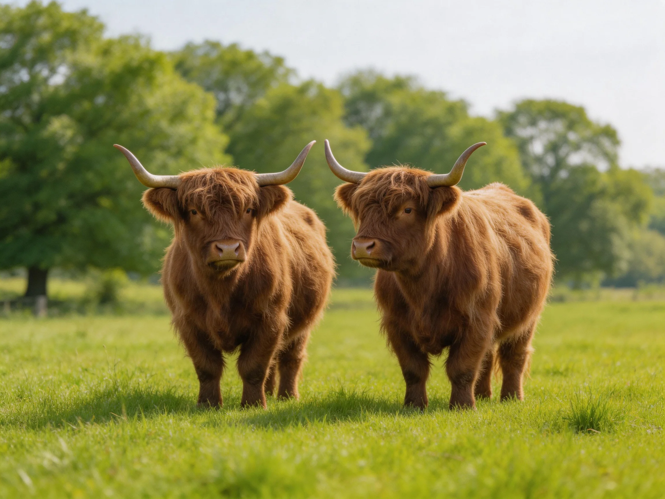 Two brown Highland cattle in a sunlit green meadow with trees