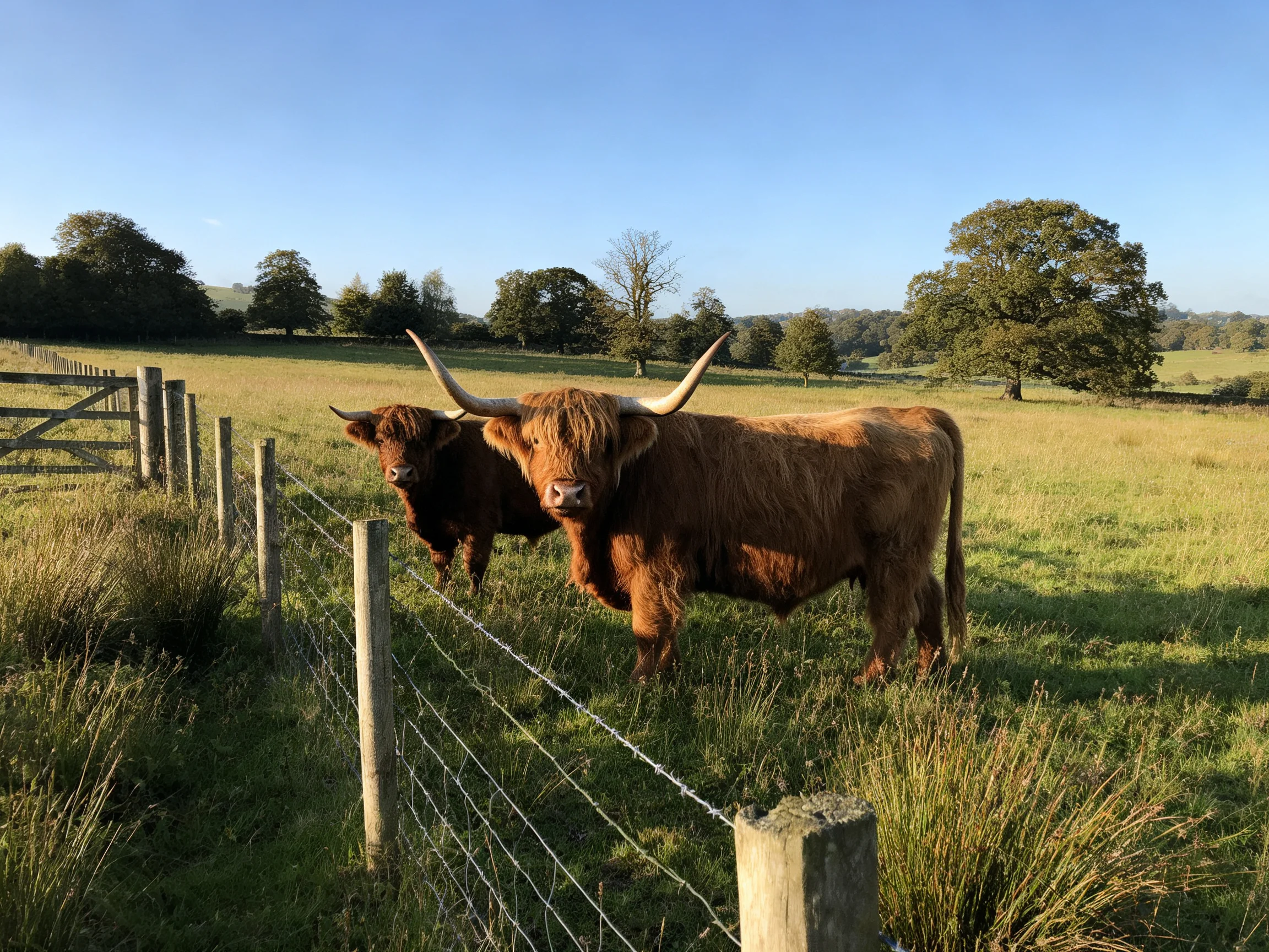 Two brown Highland cattle stand near a wire fence in a sunlit pasture.