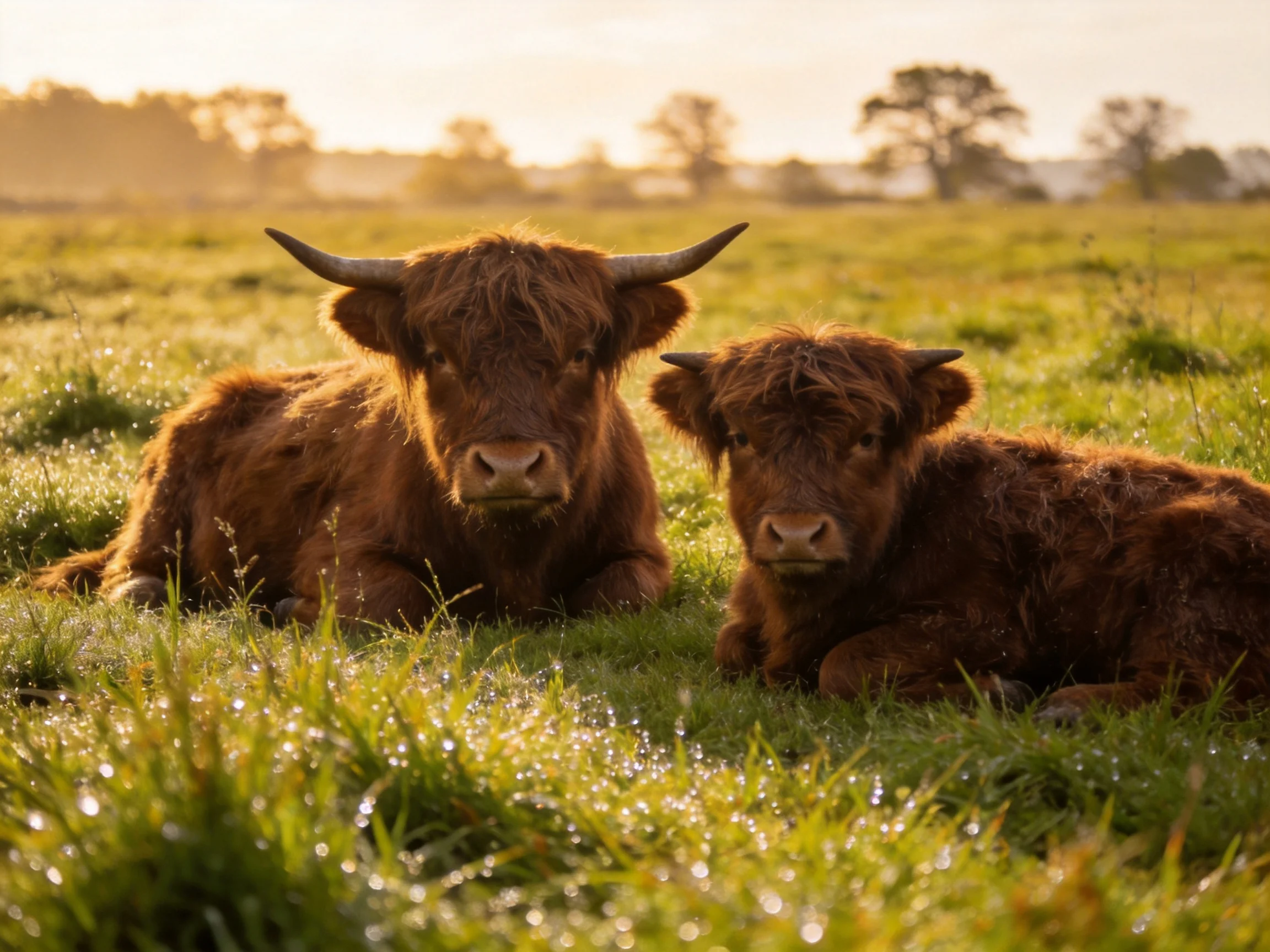 Two brown Highland cattle rest in a dewy green meadow under golden sunlight