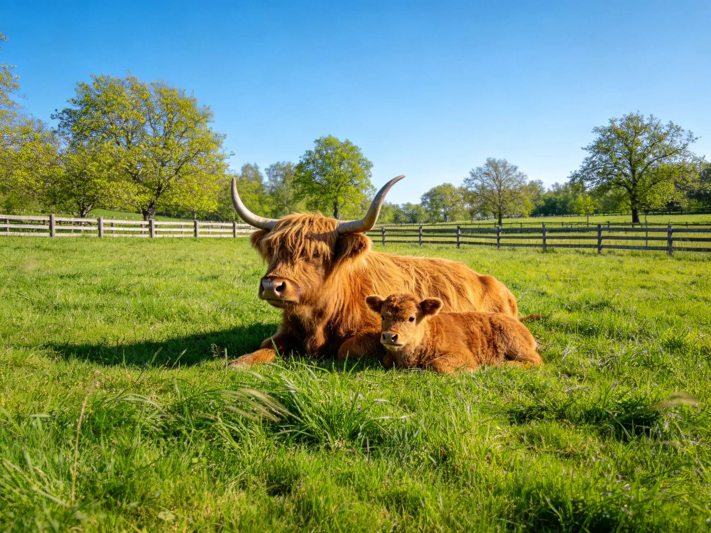 Two brown Highland cattle rest in a lush green pasture