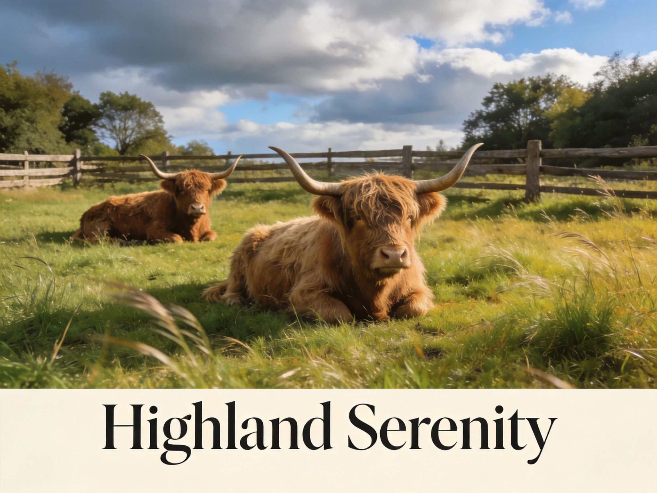 Two Highland cattle relax in a peaceful sunlit field.