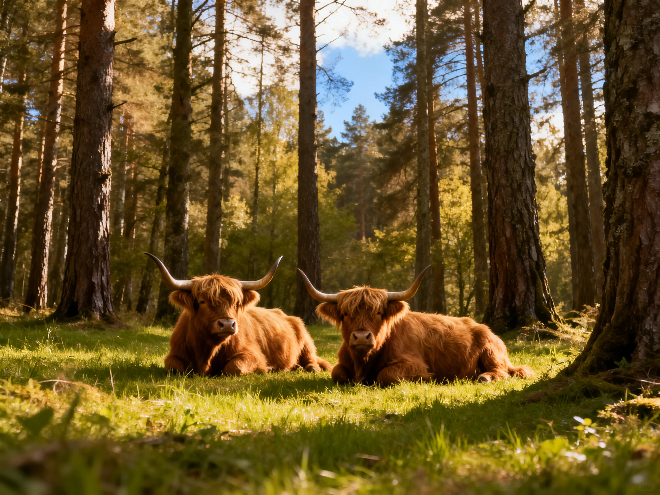 Two brown Highland cattle rest in a sunlit forest clearing.