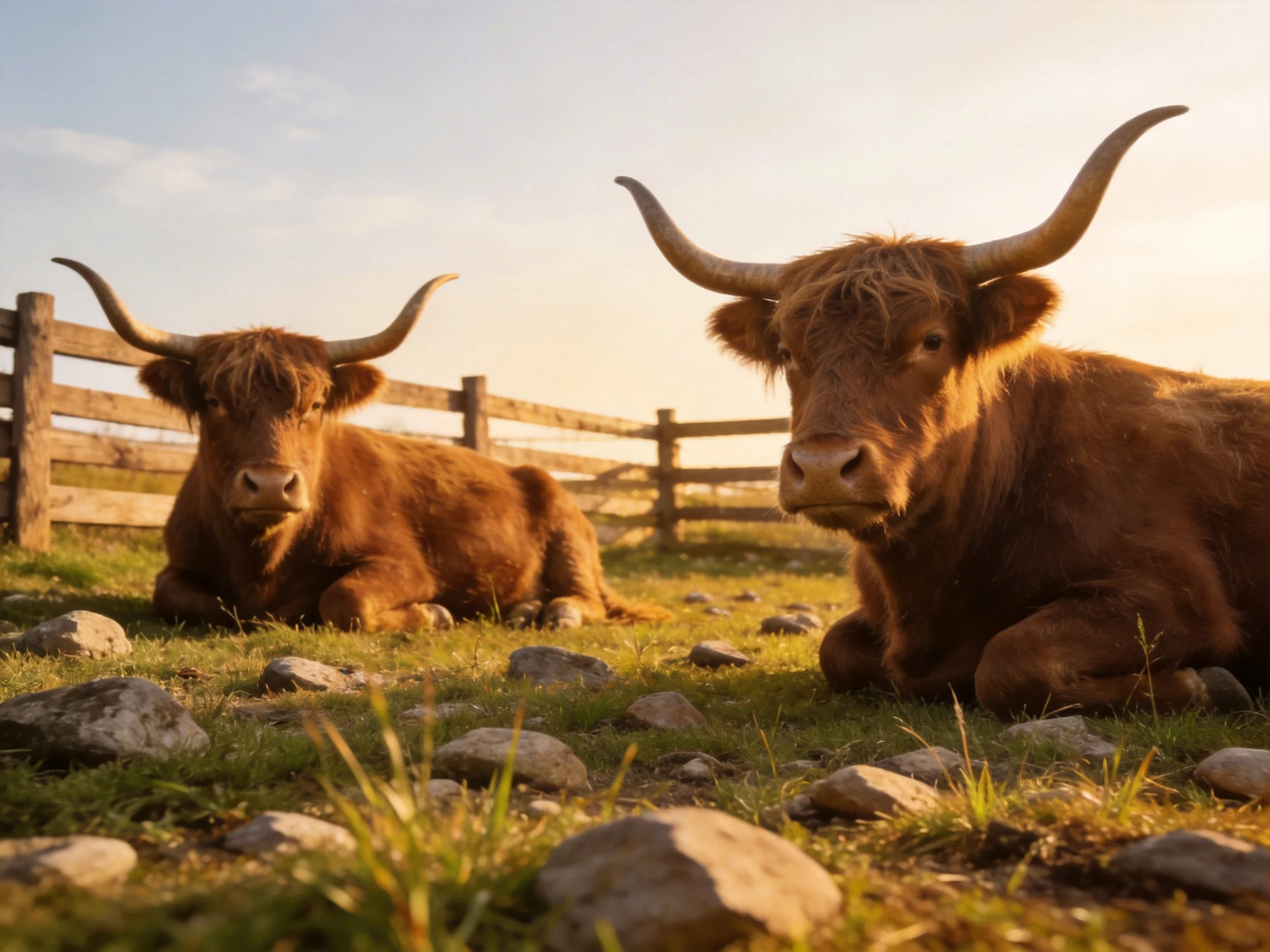 Two brown Highland cattle rest near a wooden fence with scattered rocks