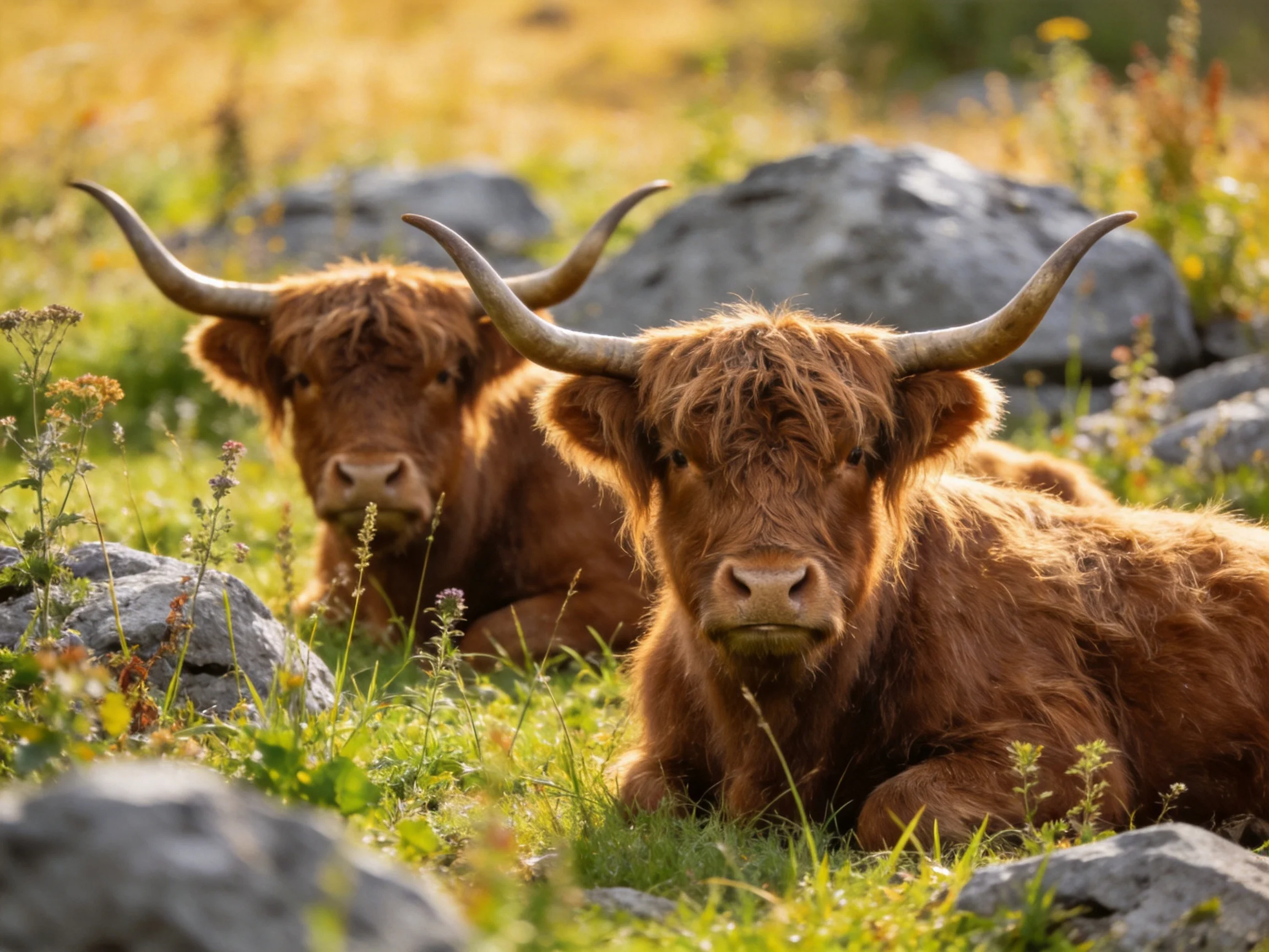 Two brown Highland cattle rest in a sunlit meadow with rocks and vegetation.