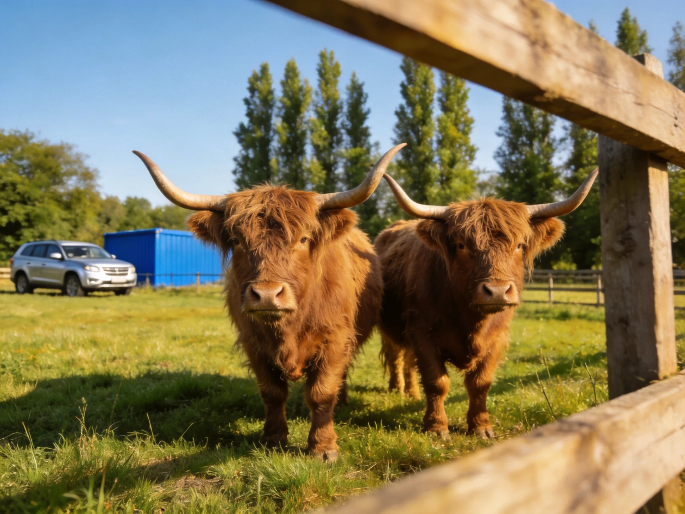 Two brown Highland cattle stand by a wooden fence with a blue container and silver SUV
