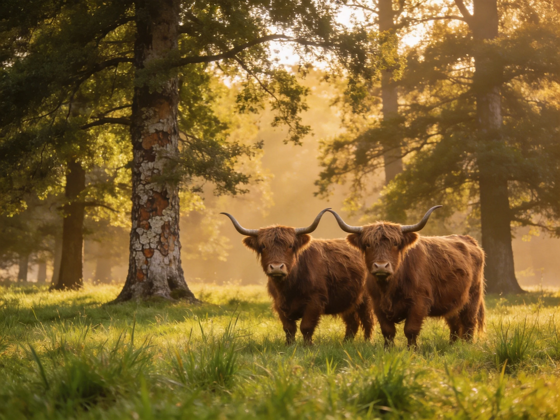 Two brown Highland cattle stand in a sunlit forest clearing