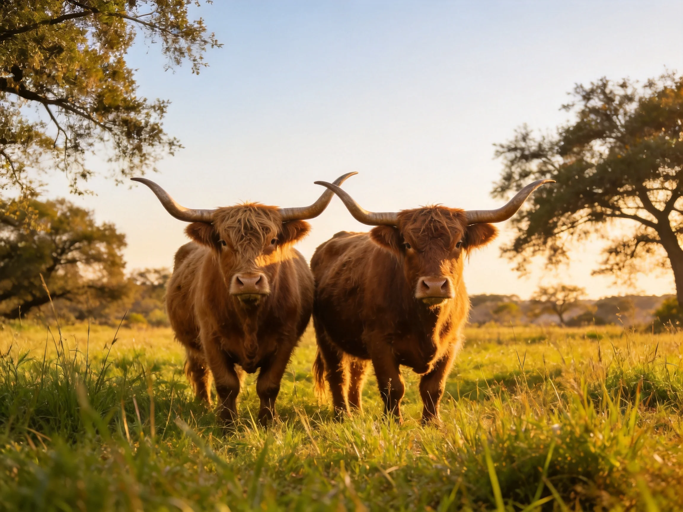 Two brown Highland cattle stand in a sunlit grassy meadow near trees