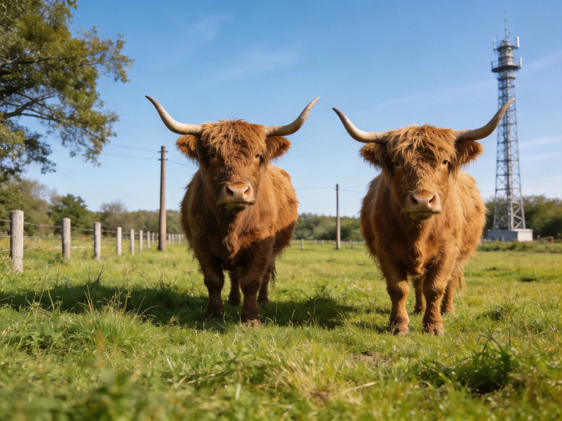 Two brown Highland cattle stand in a sunlit pasture near a metal tower