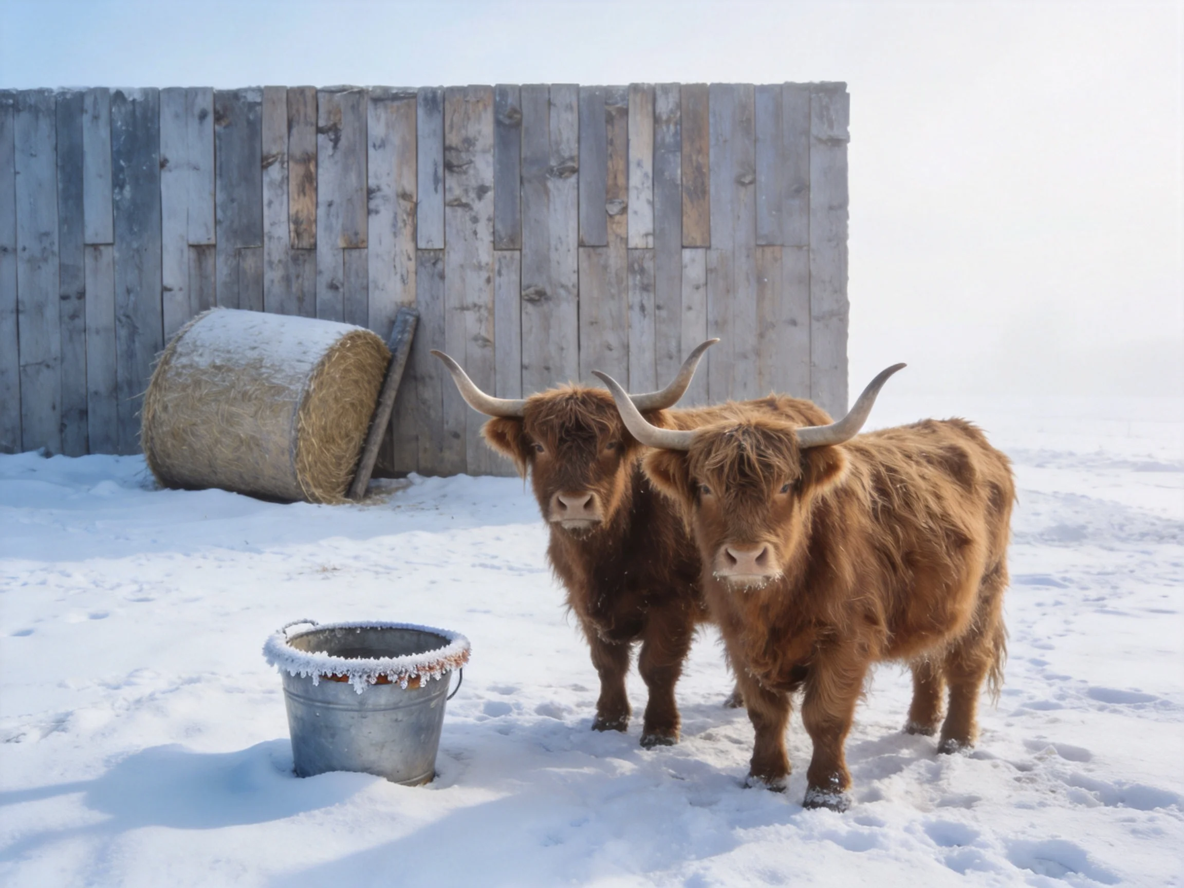 Two brown Highland cattle stand near a snow-laden metal bucket by an aged wooden fence