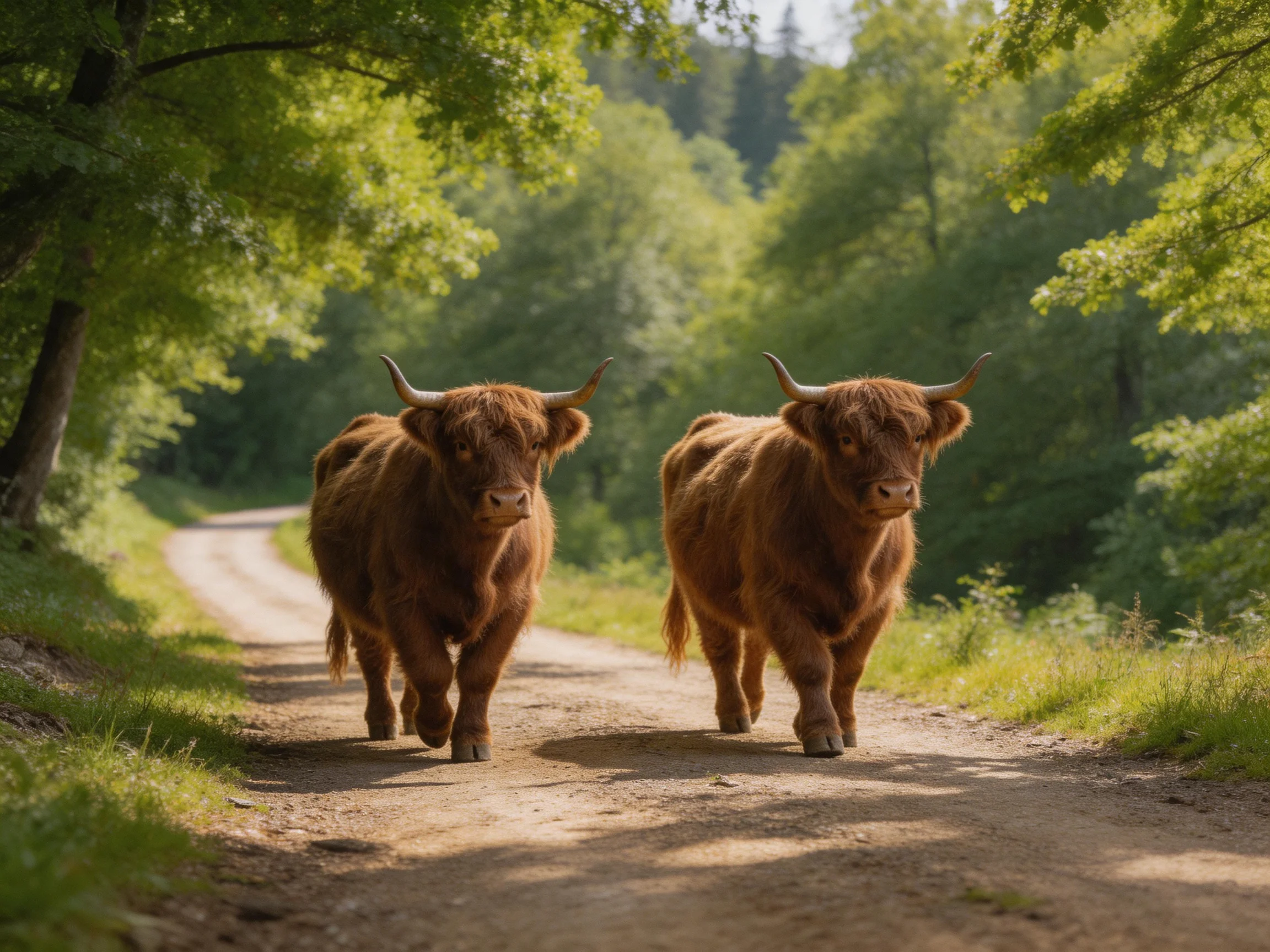 Two brown Highland cattle walk on a sunlit dirt road through green woods