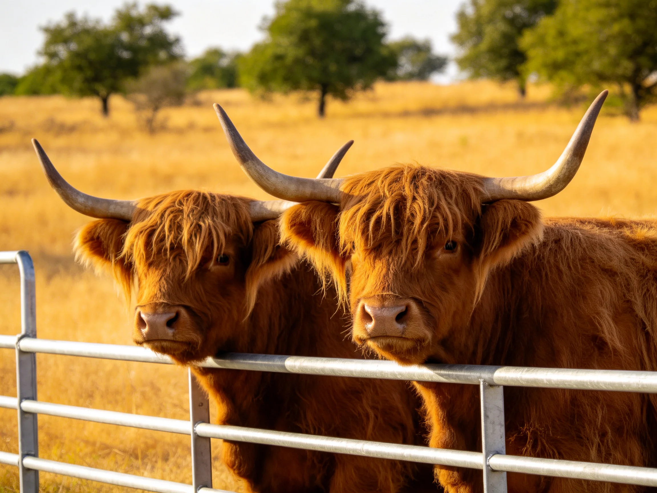 Two brown Highland cattle with long curved horns by a metal fence