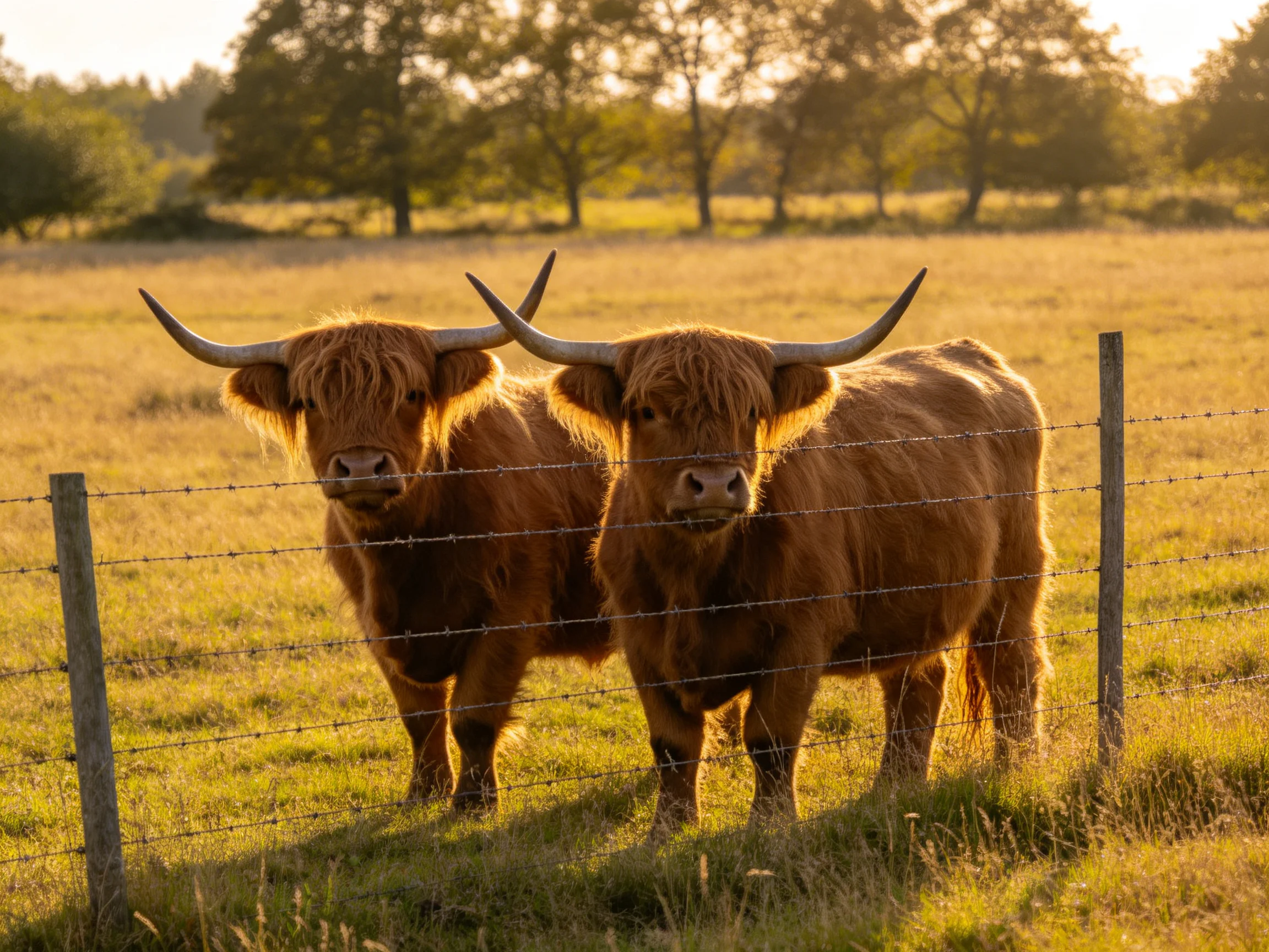 Two brown Highland cattle with long horns near a barbed wire fence