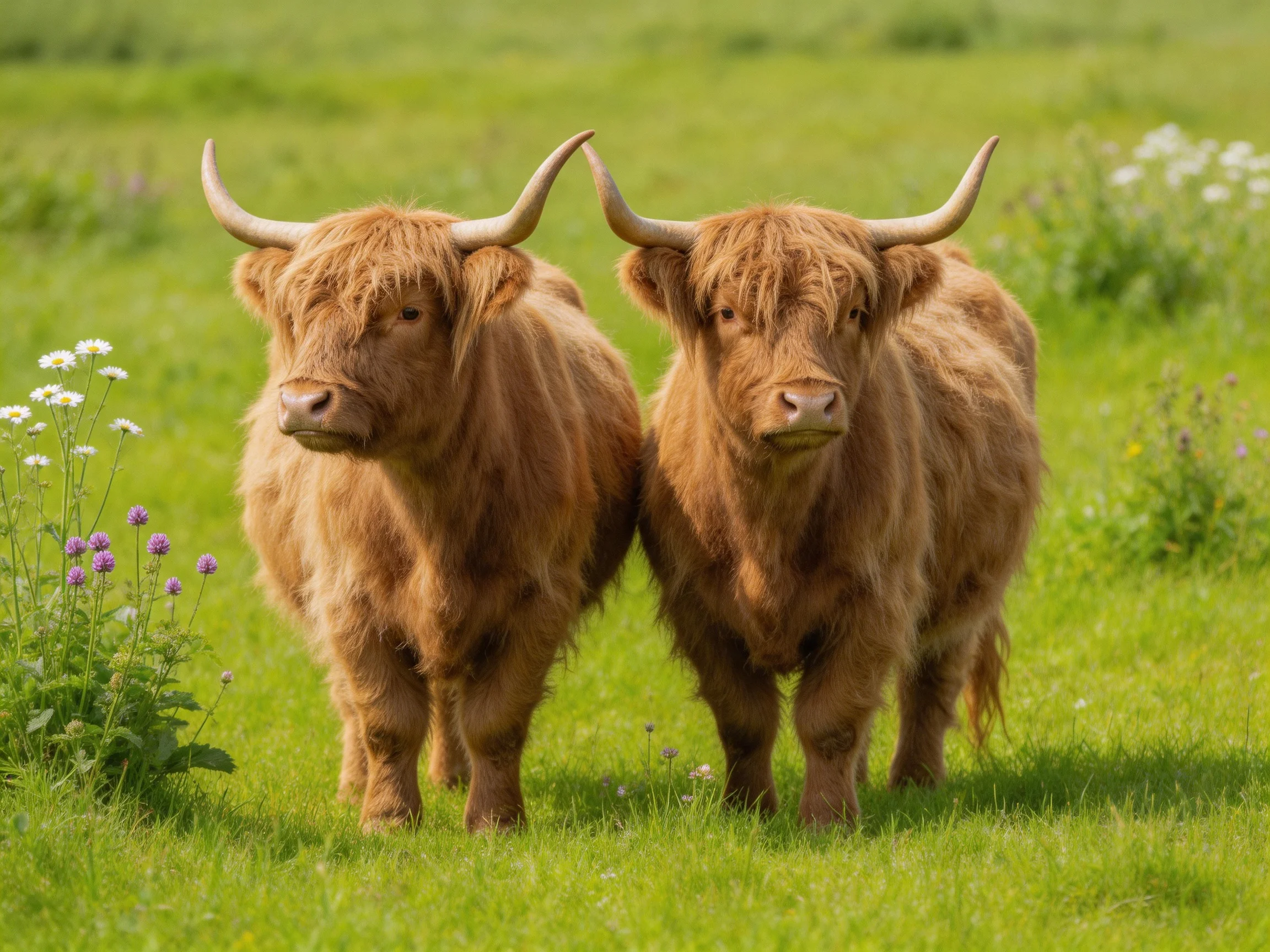 Two brown Highland cows stand together in a sunlit green meadow with wildflowers