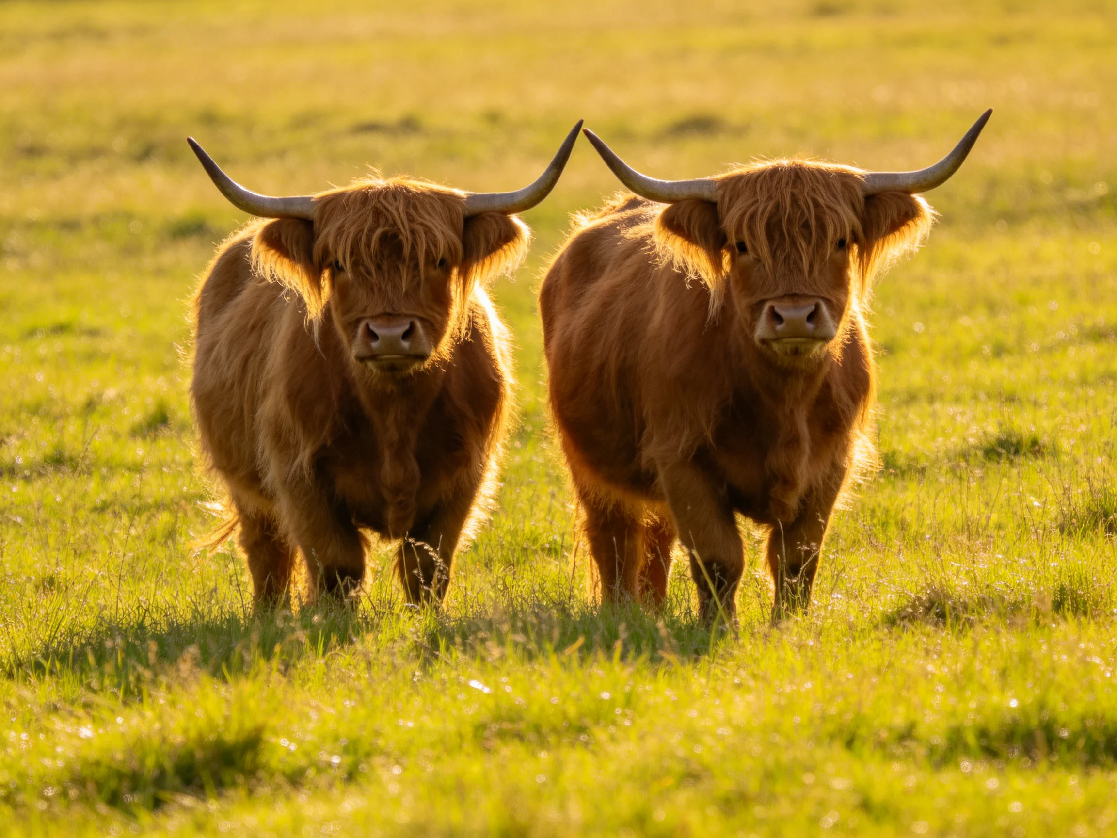 Two brown Highland cows stand together in a sunlit meadow.