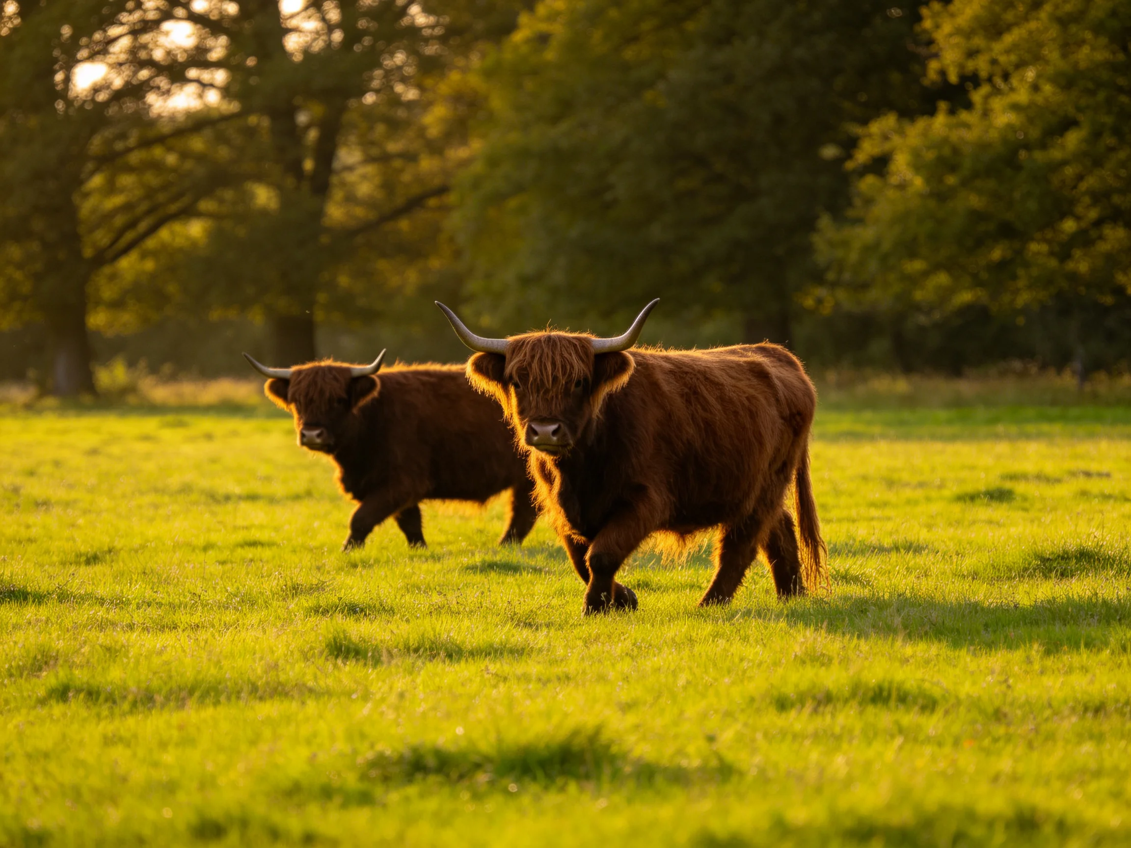 Two brown Highland cows stroll through a sunlit green pasture