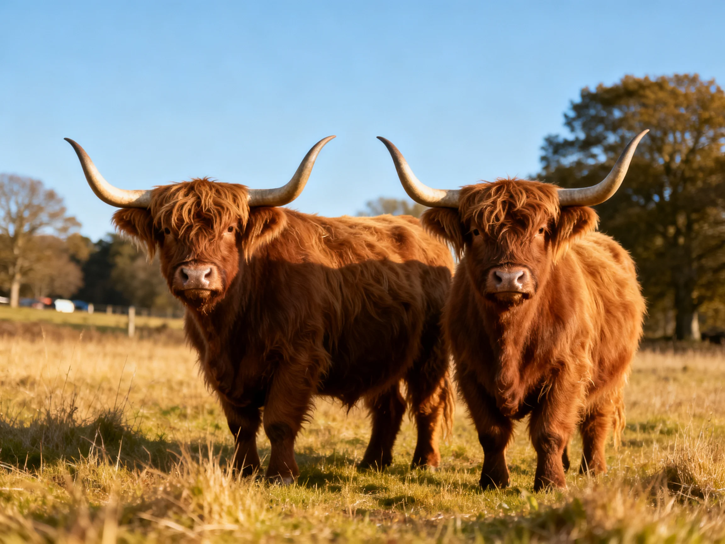 Two brown Highland cows stand together in a sunlit open field.