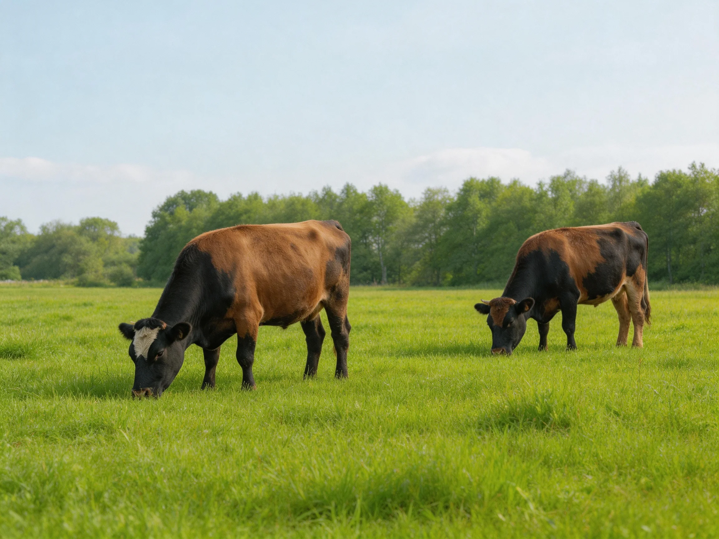 Two brown and black cows graze in a sunlit green pasture.