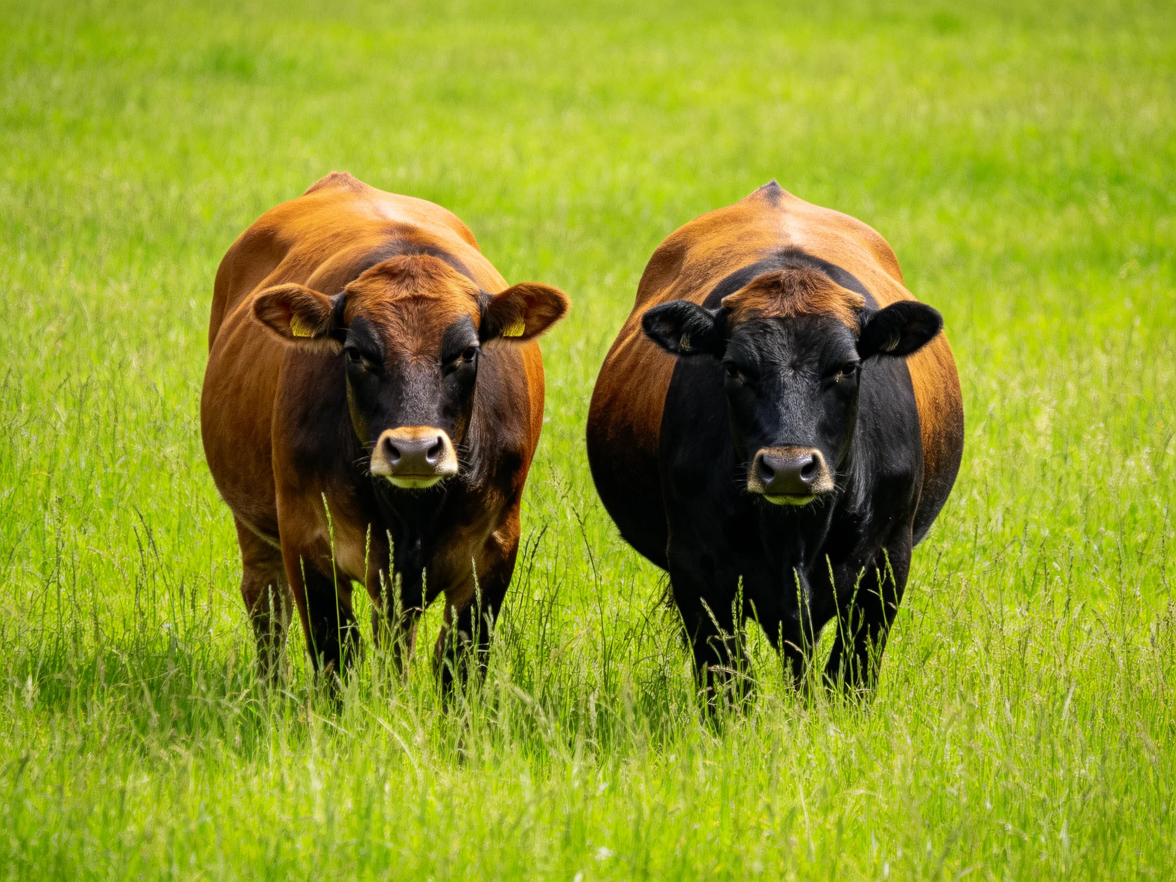 Two brown and black cows stand in a sunlit green pasture.