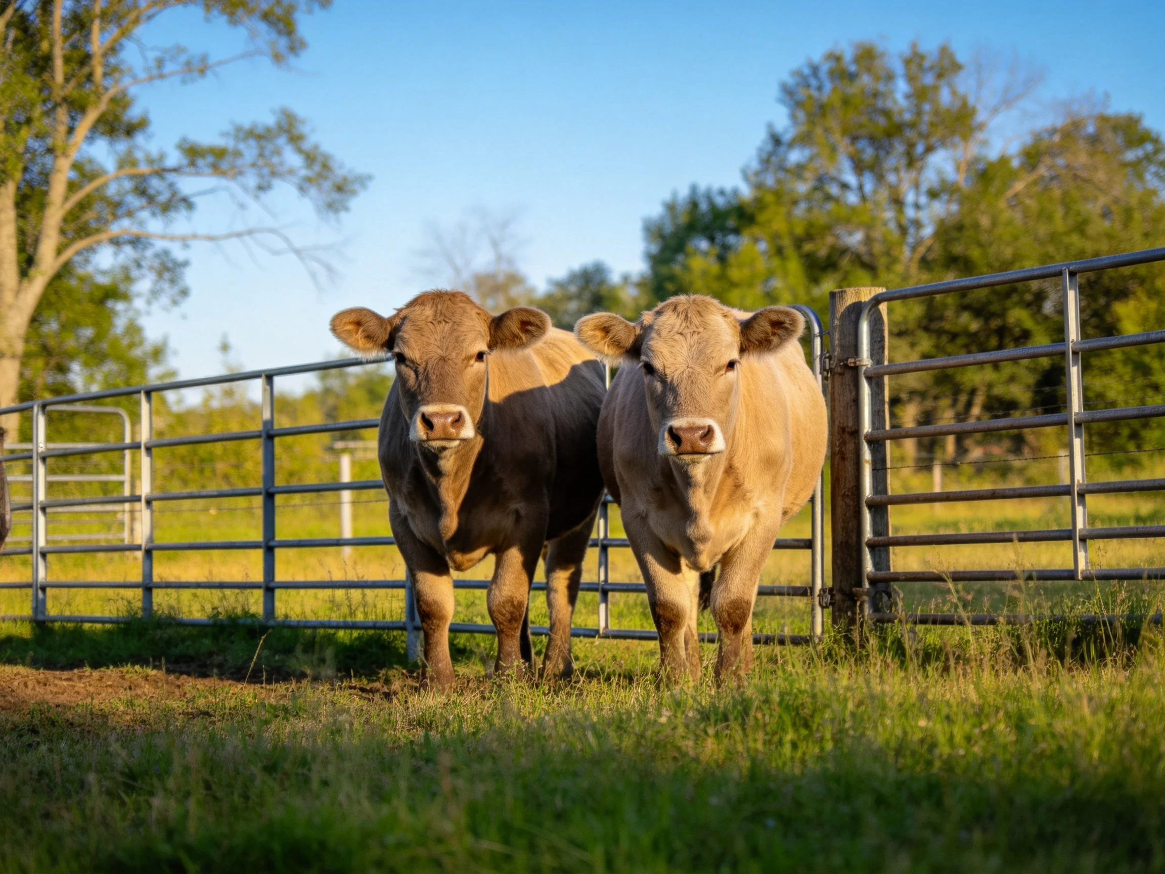 Two cows stand beside a metal fence in a sunlit rural area.
