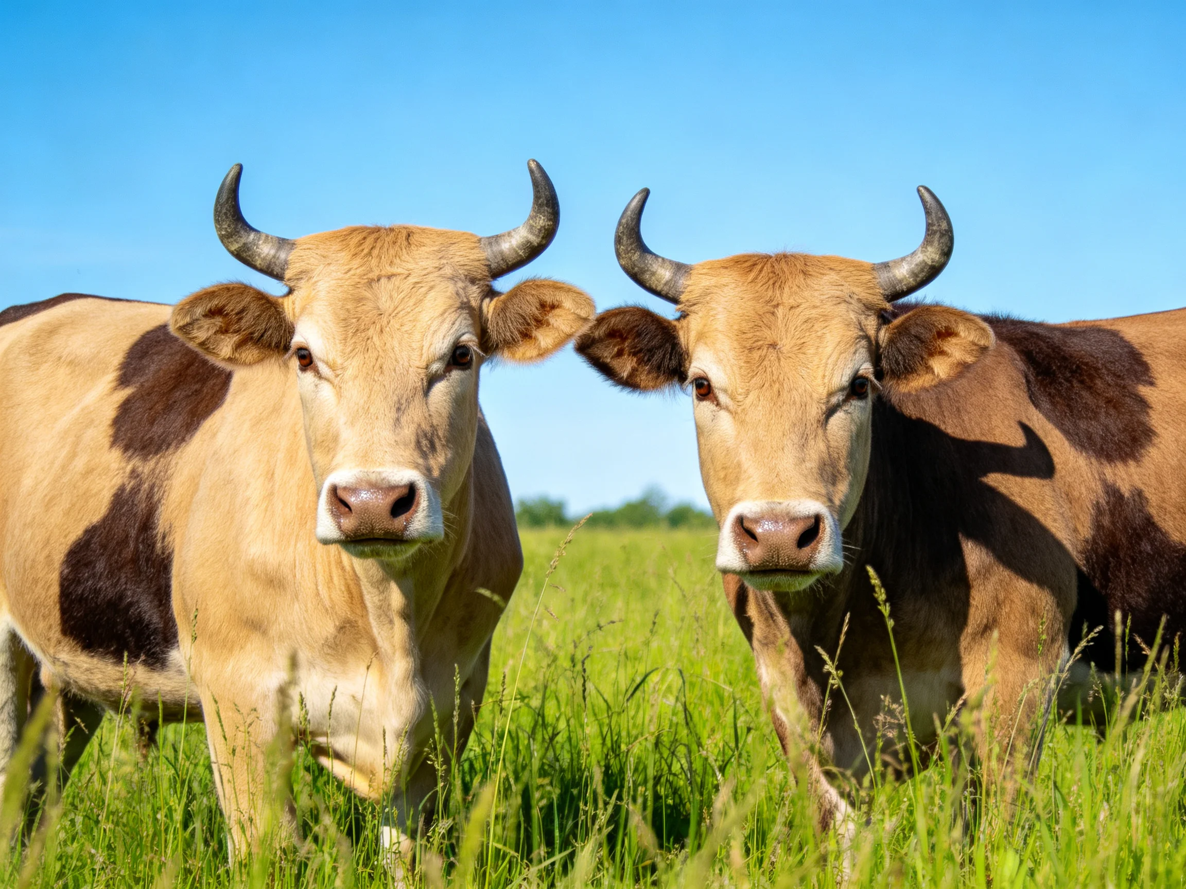 Two brown and tan horned cows graze in a sunlit green pasture