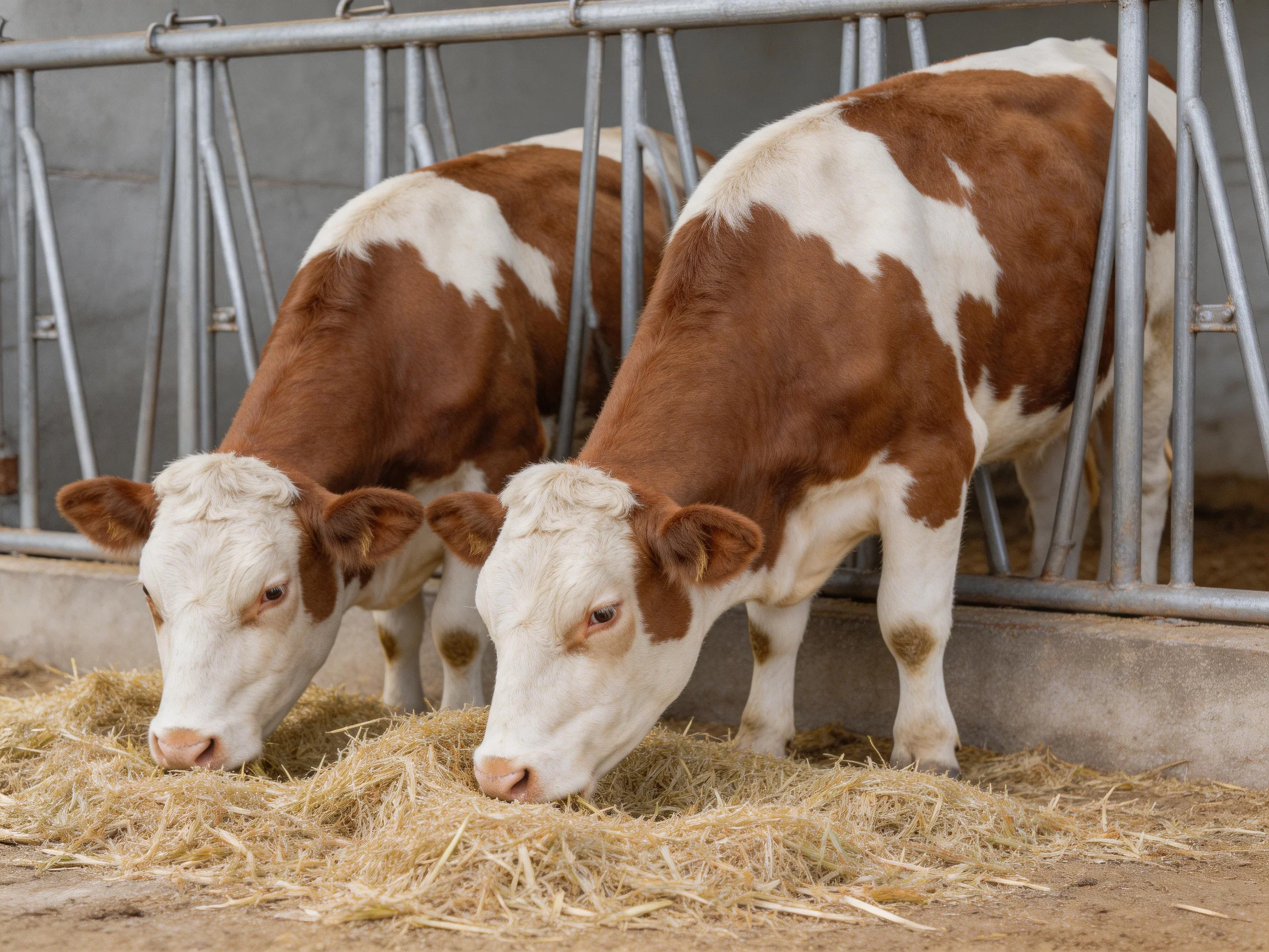 Two brown-and-white calves eat hay near metal farm barriers