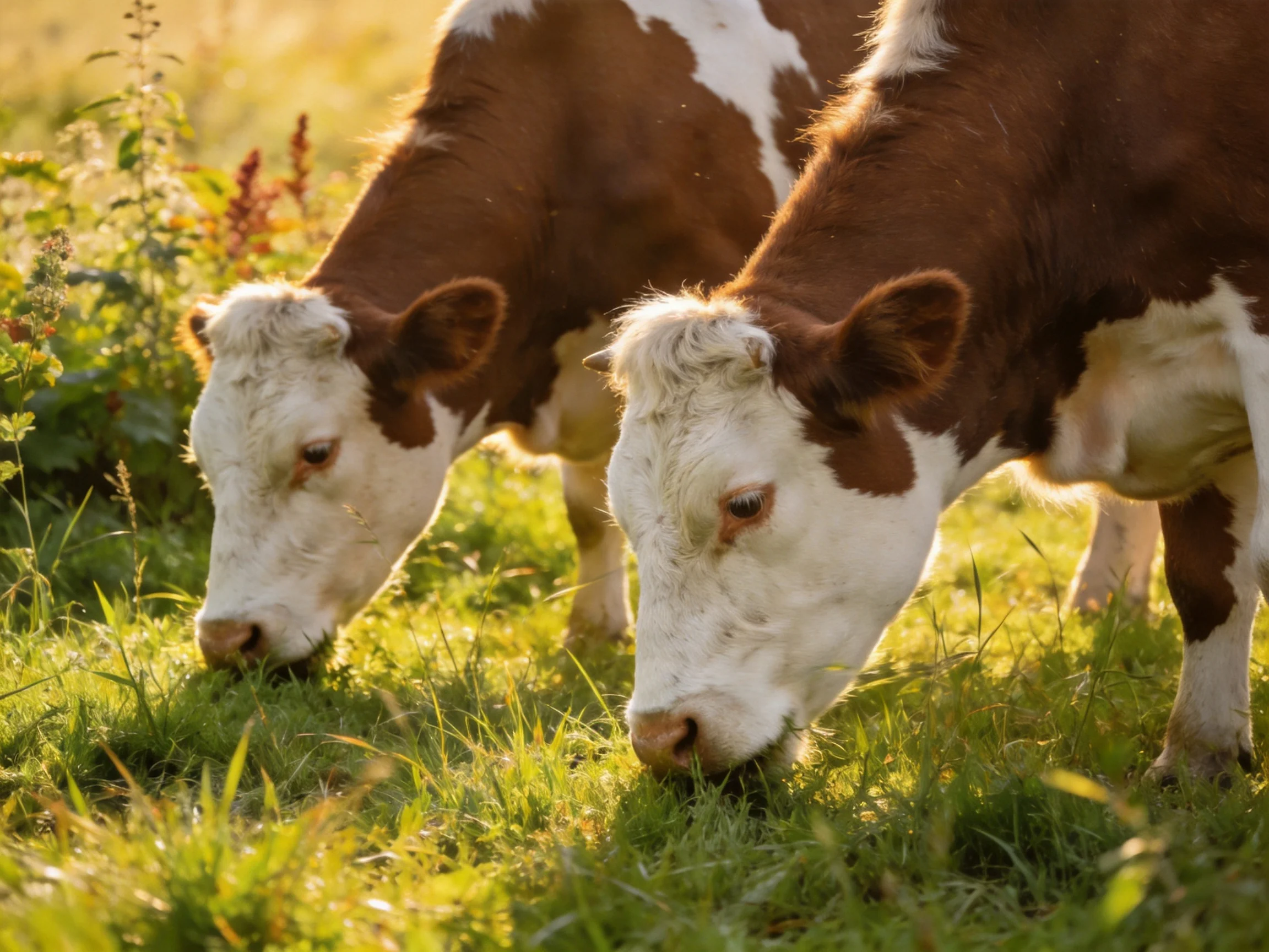Two brown and white calves graze in a sunlit green meadow