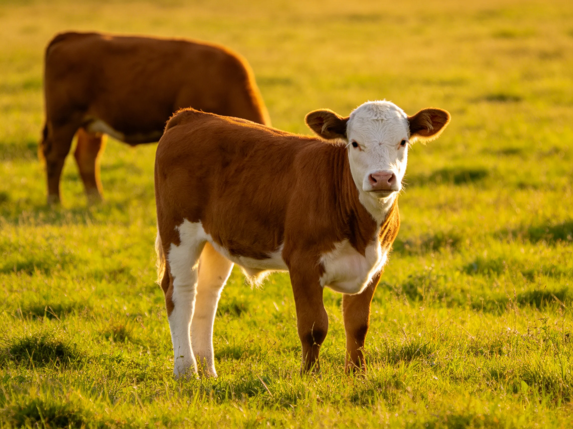 Two brown-and-white calves graze in a sunlit green pasture