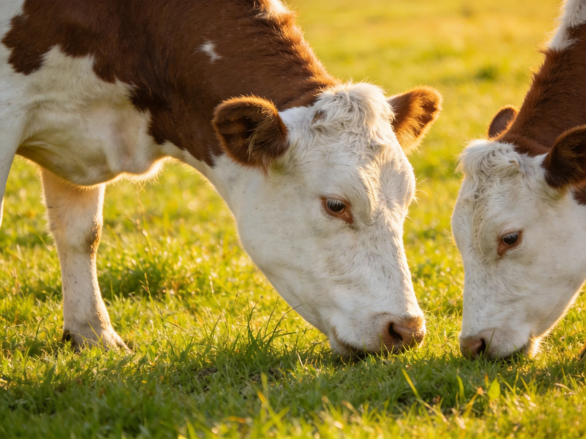 Two brown-and-white calves graze in a sunlit pasture