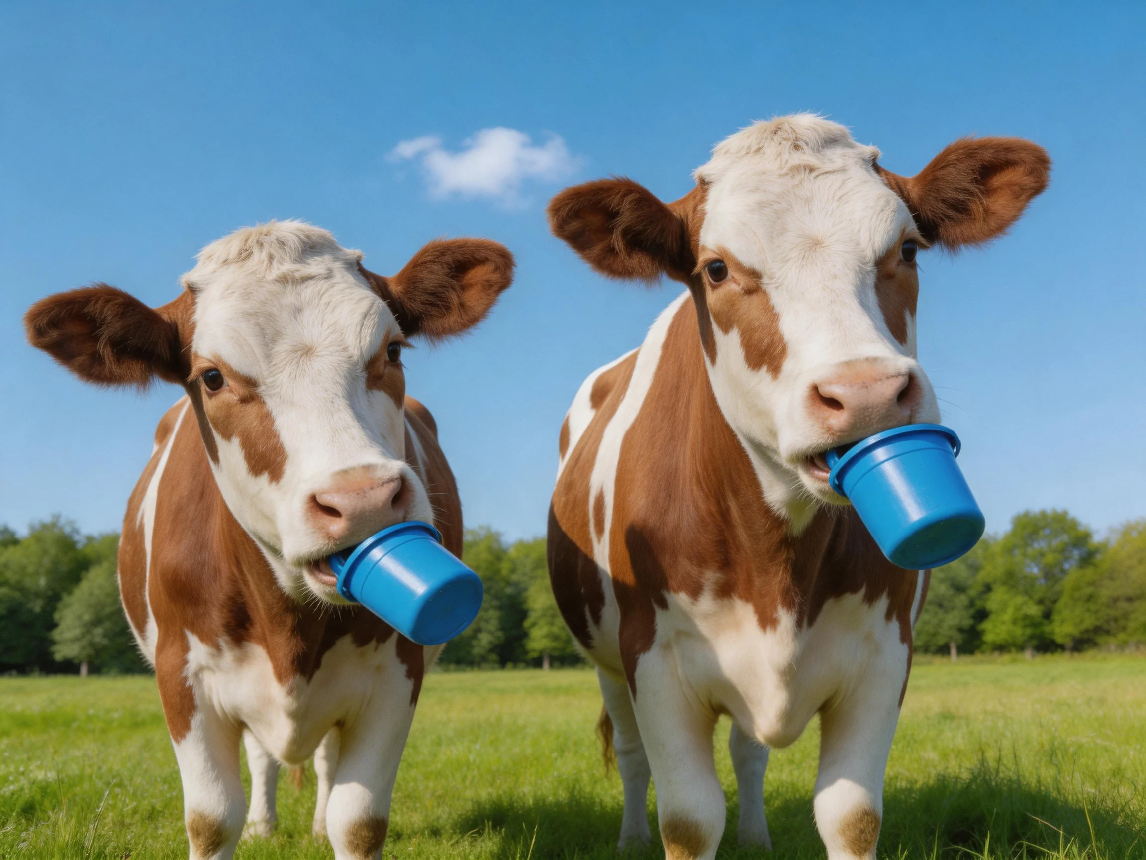 Two brown-and-white calves hold blue buckets in a sunny pasture