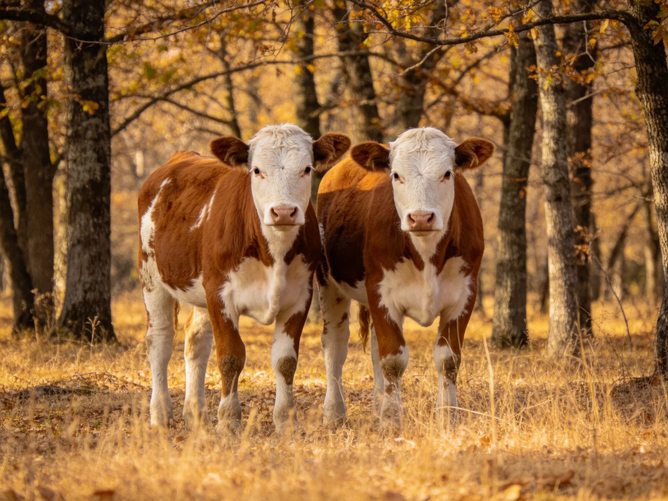 Two brown-and-white calves in a golden autumn forest