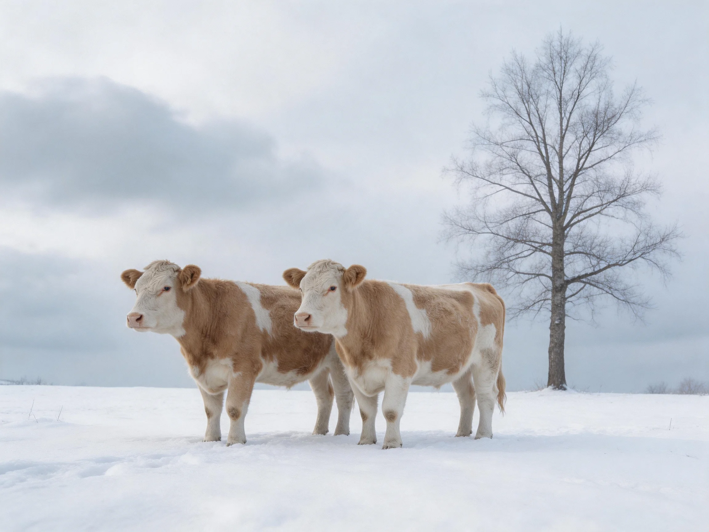 Two brown-and-white calves in a snowy field near a bare tree