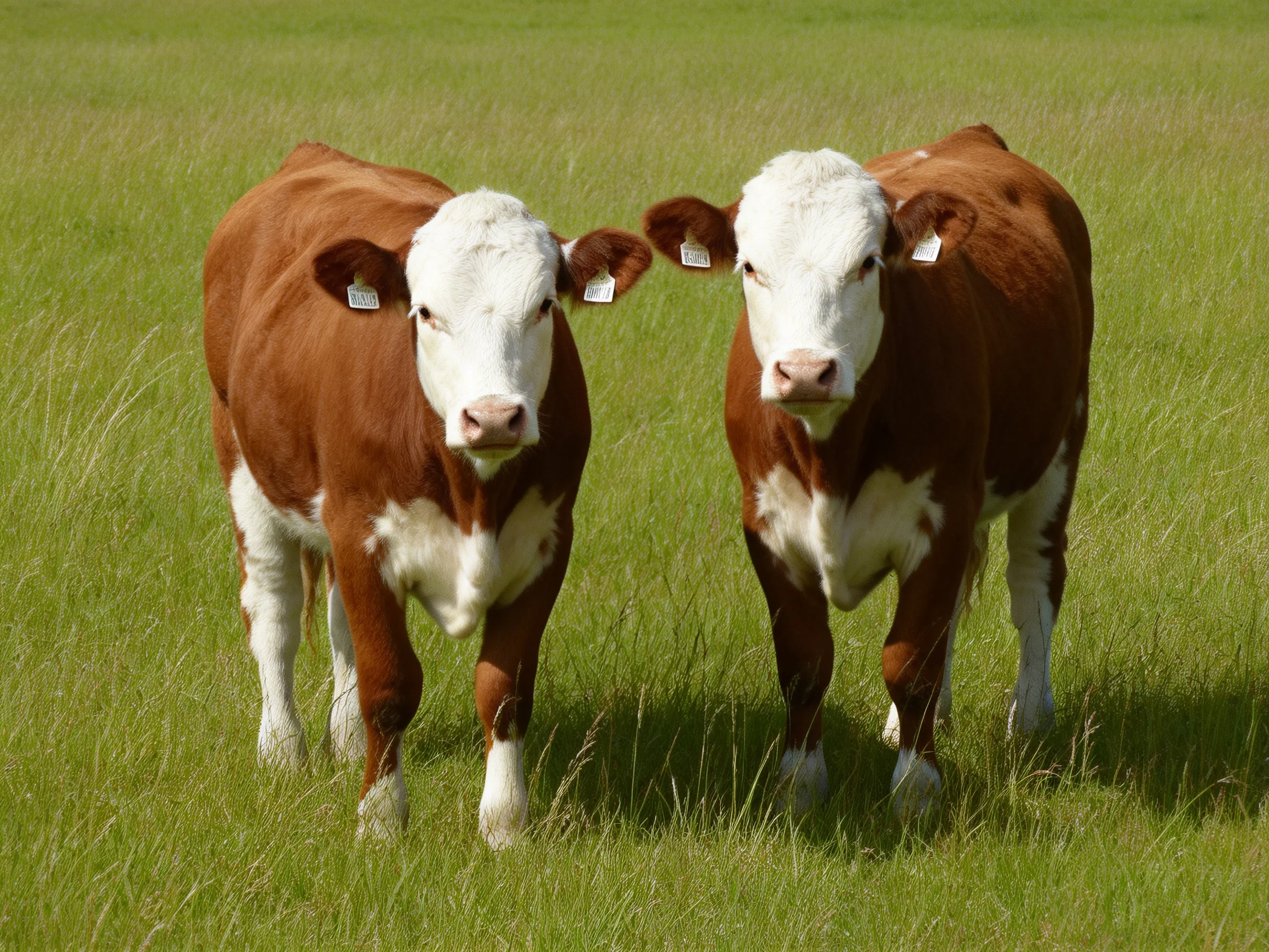 Two brown and white calves in a sunlit green pasture