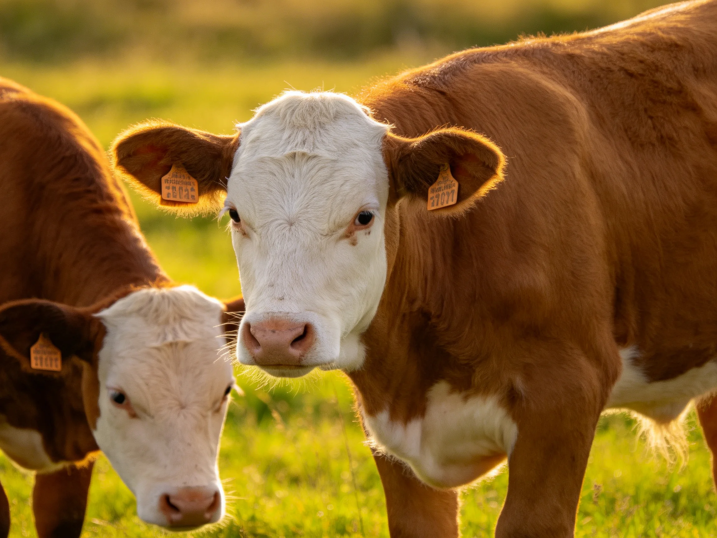 Two brown and white calves in a sunlit green pasture
