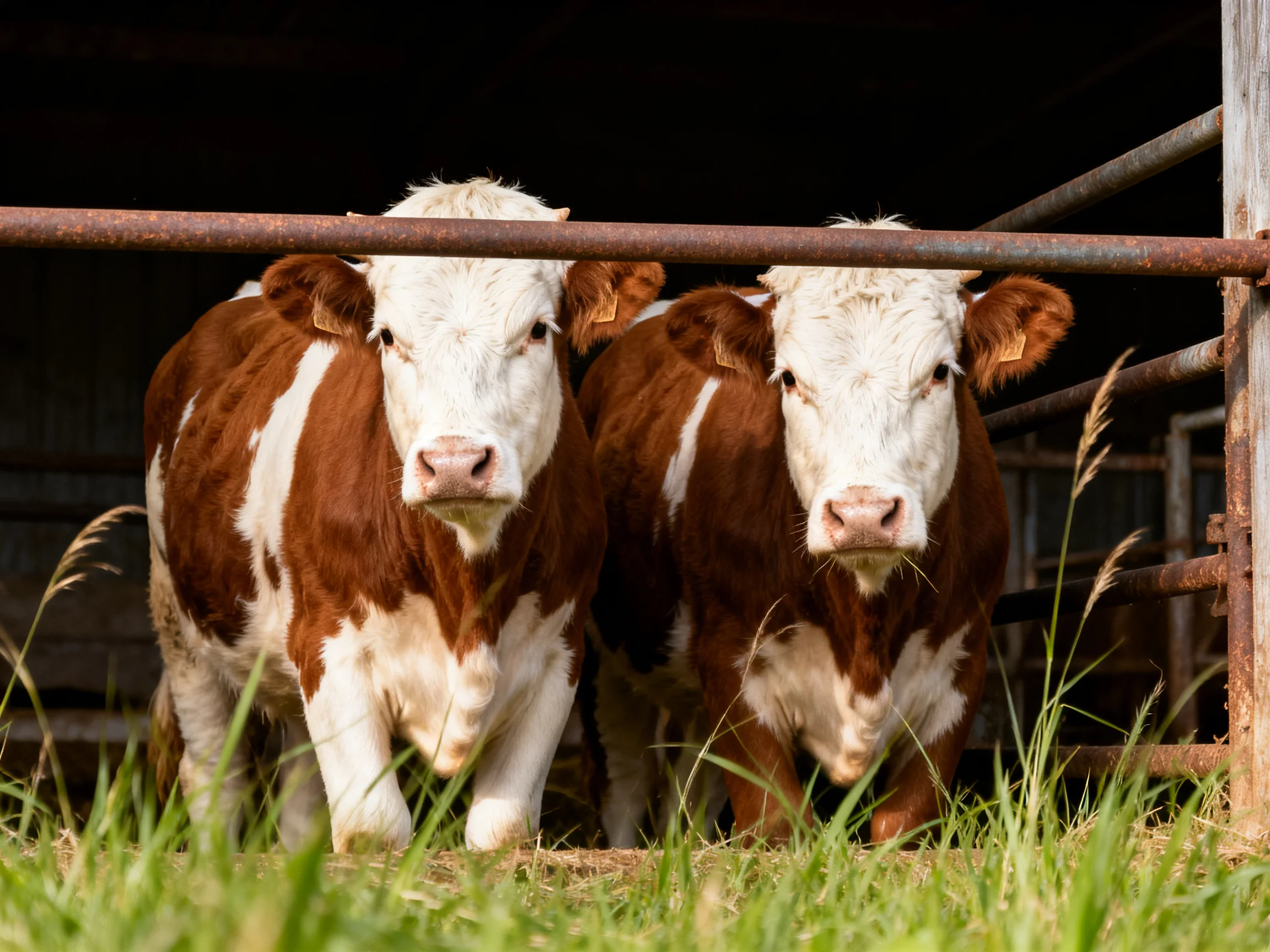 Two brown and white calves near a rusty metal fence with tall grass