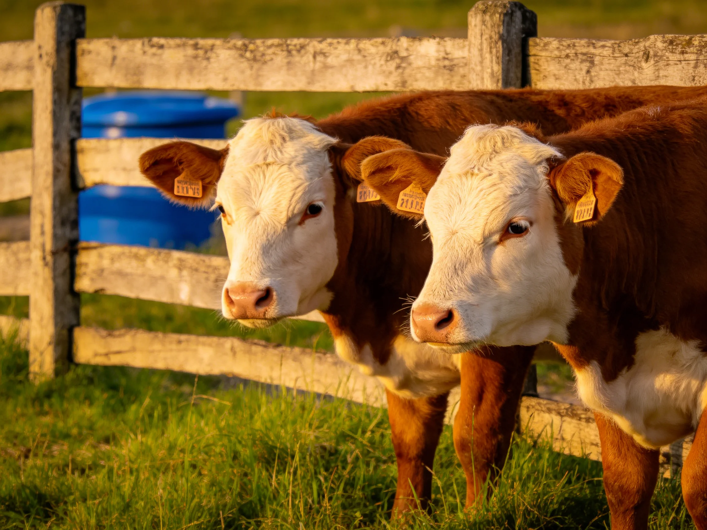 Two brown and white calves near a weathered wooden fence