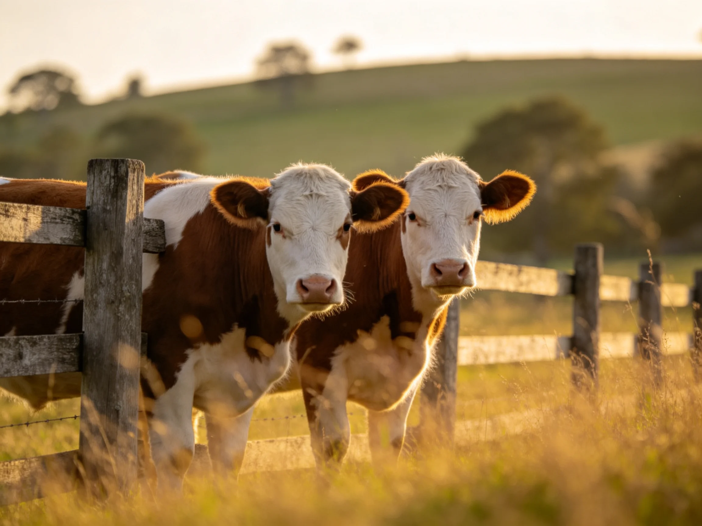 Two brown-and-white calves near a weathered wooden fence in golden light