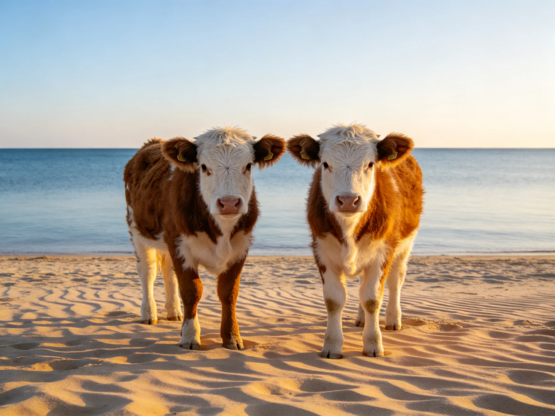 Two brown and white calves on a sandy beach near calm blue water