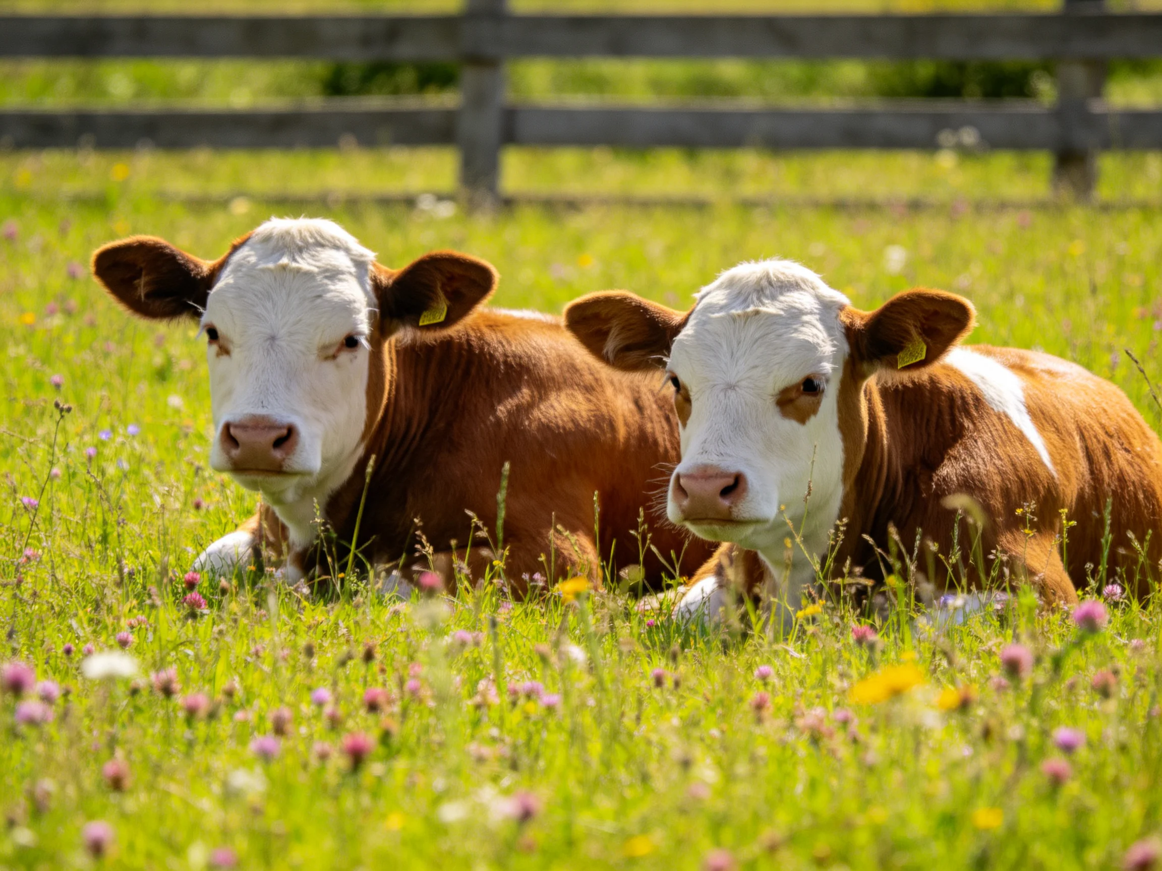 Two brown-and-white calves rest in a flower-filled green pasture