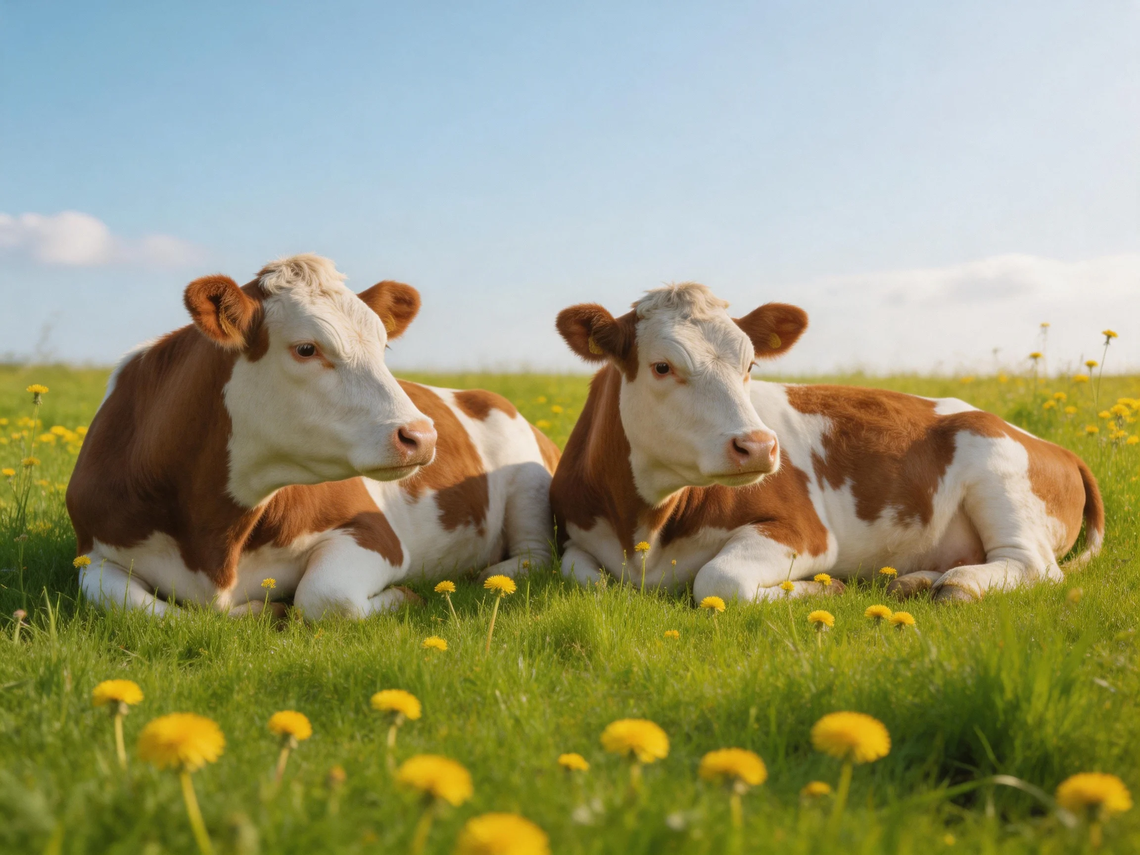 Two brown-and-white calves rest in a green meadow with yellow flowers
