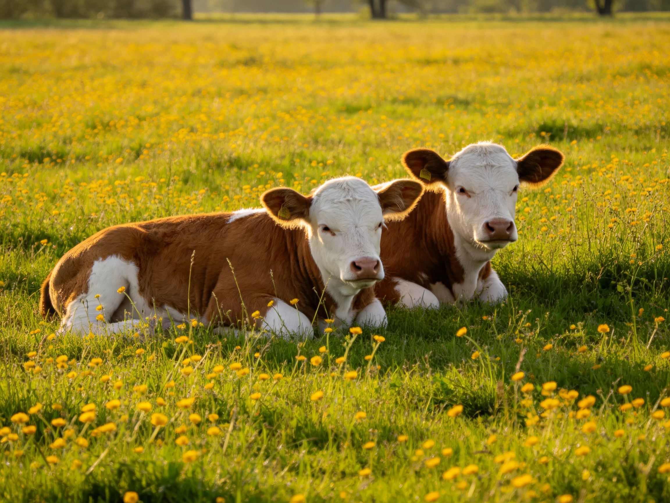 Two brown-and-white calves rest in a vibrant yellow-flowered meadow