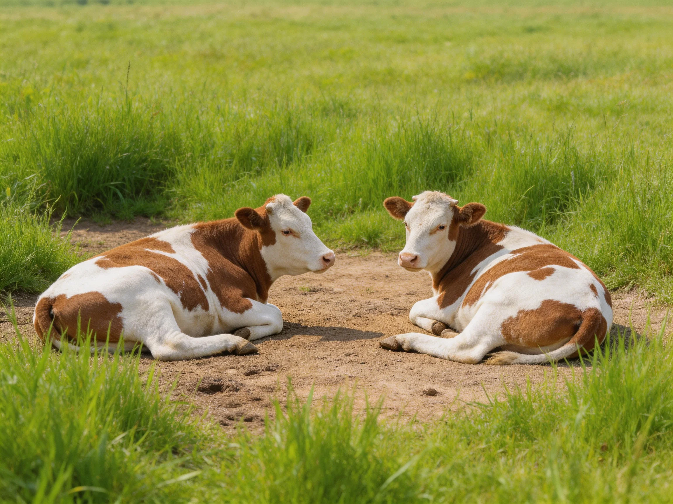 Two brown-and-white calves rest on a dirt path amid lush green grass